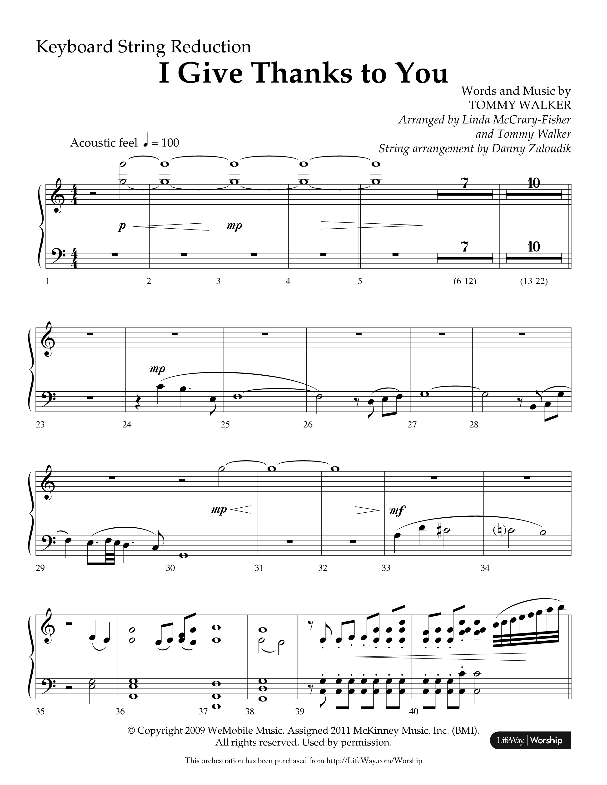 I Give Thanks To You (Choral Anthem SATB) String Reduction (Lifeway Choral / Arr. Linda McCrary-Fisher / Arr. Tommy Walker / Arr. Danny Zaloudik)