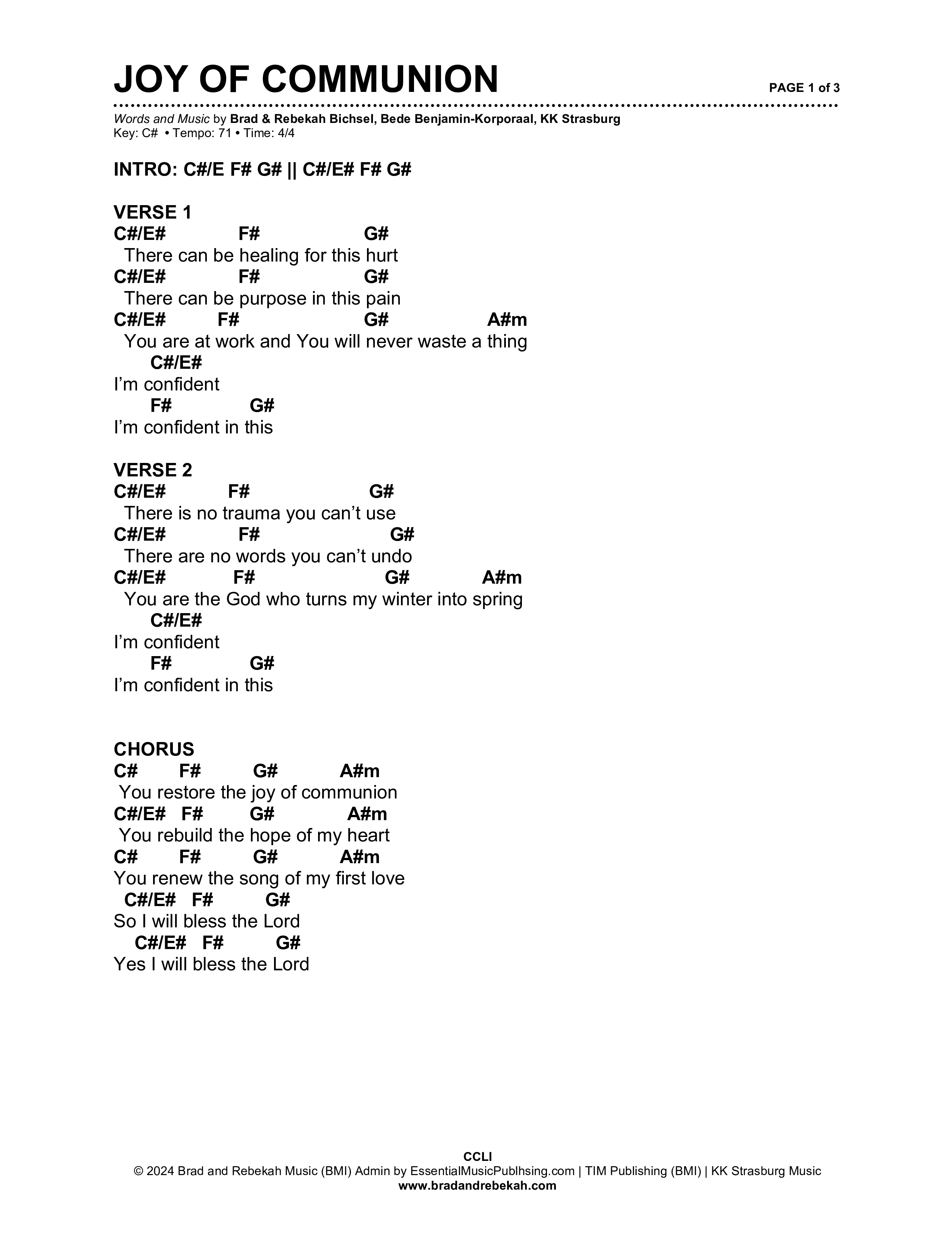 Joy Of Communion Chord Chart (Brad & Rebekah)