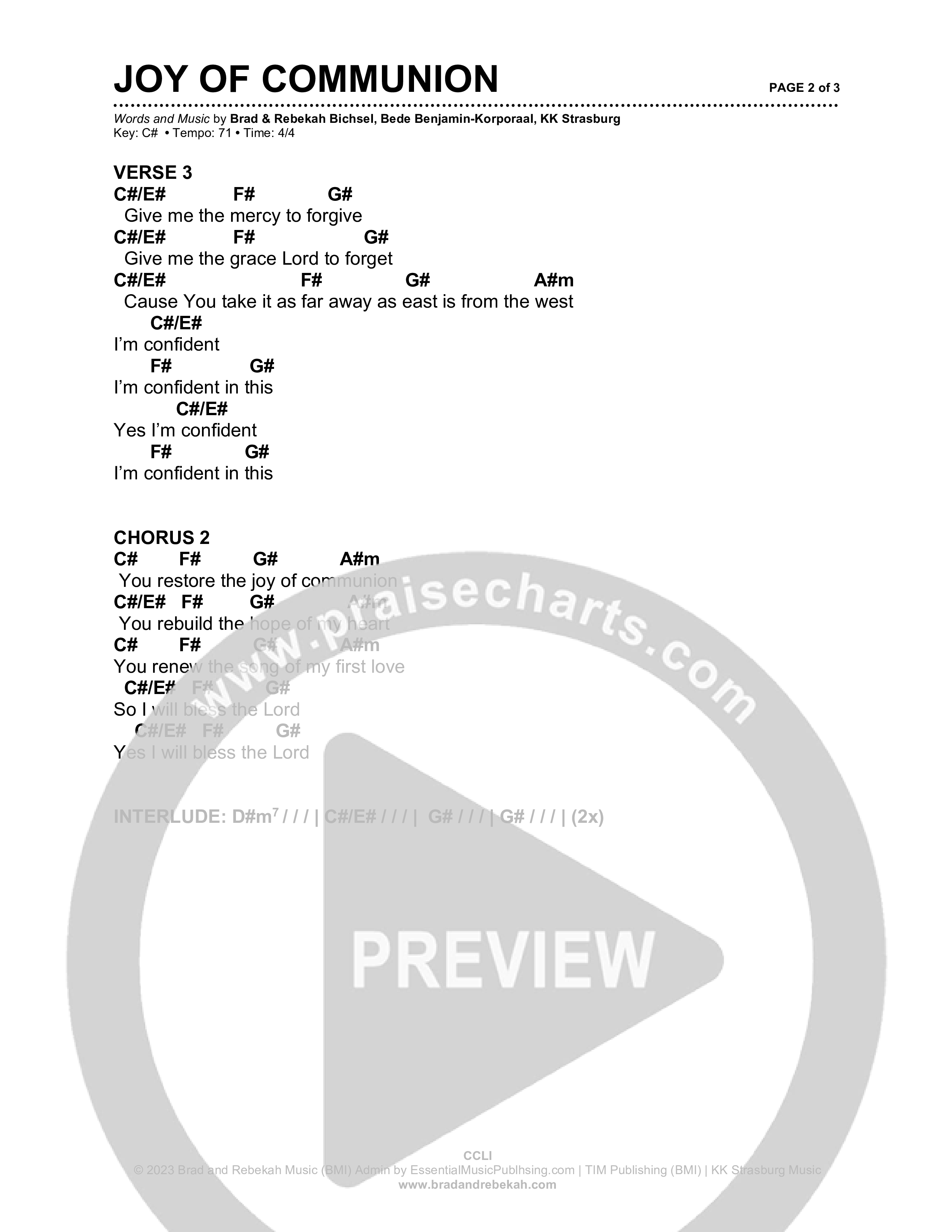 Joy Of Communion Chord Chart (Brad & Rebekah)