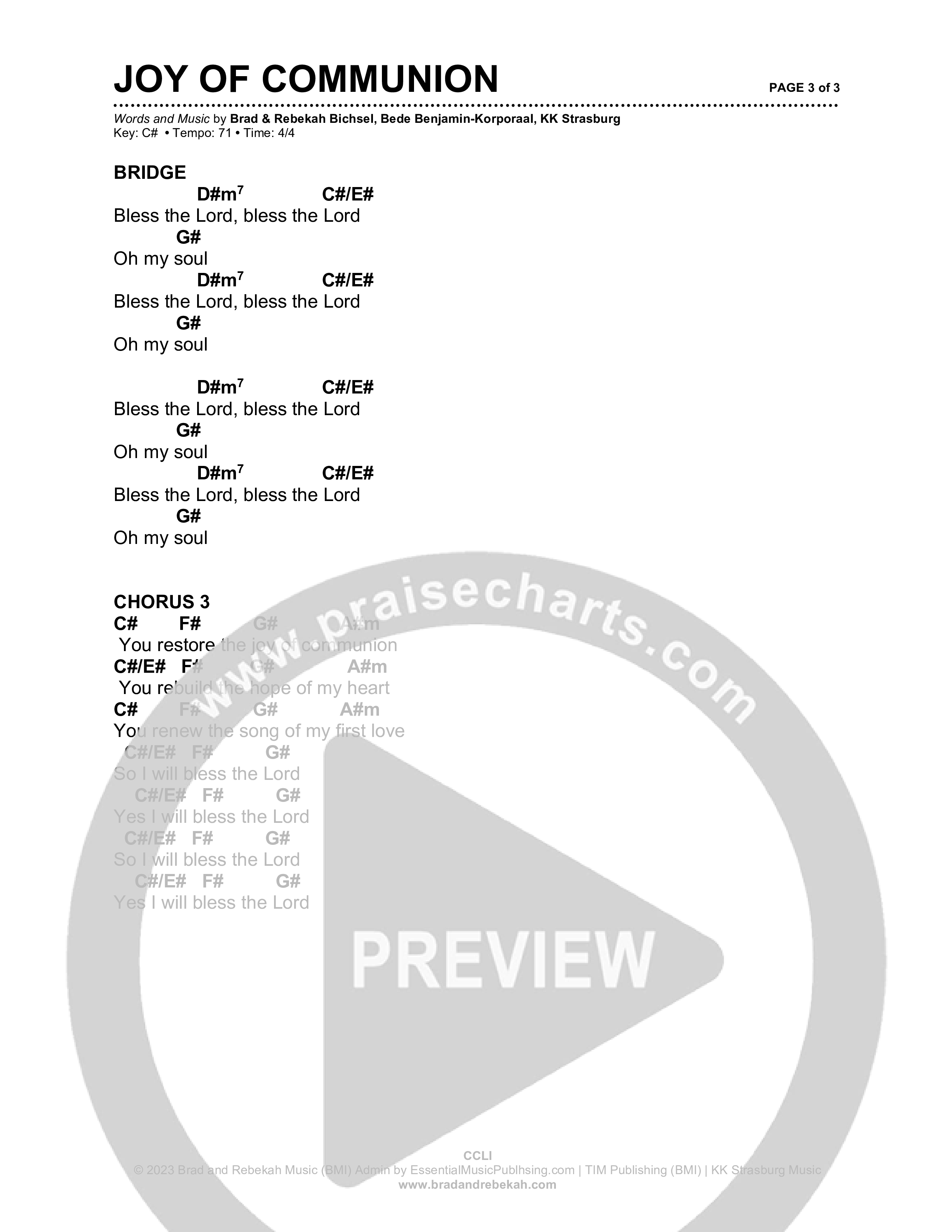 Joy Of Communion Chord Chart (Brad & Rebekah)