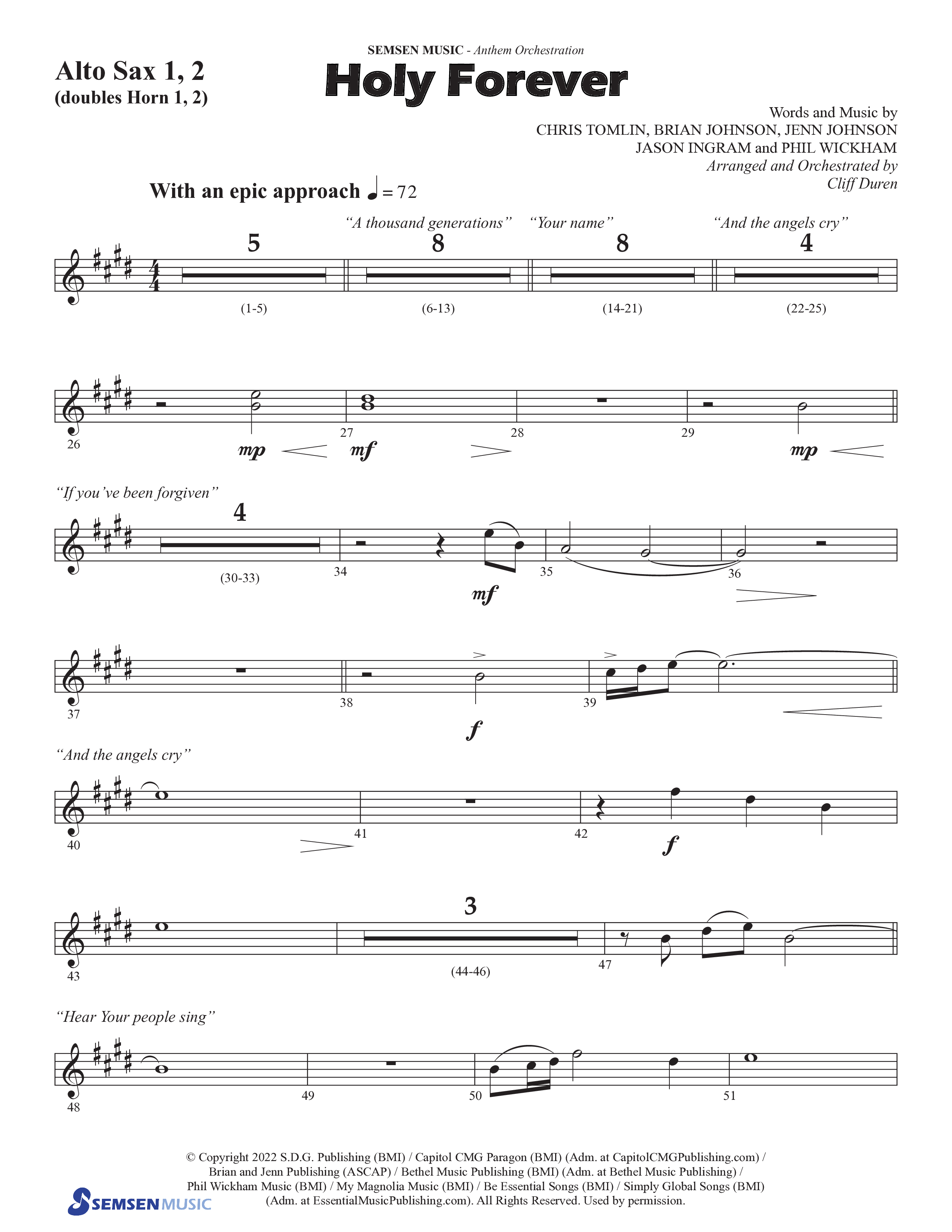Holy Forever (Choral Anthem SATB) Alto Sax 1/2 (Semsen Music / Arr. Cliff Duren)