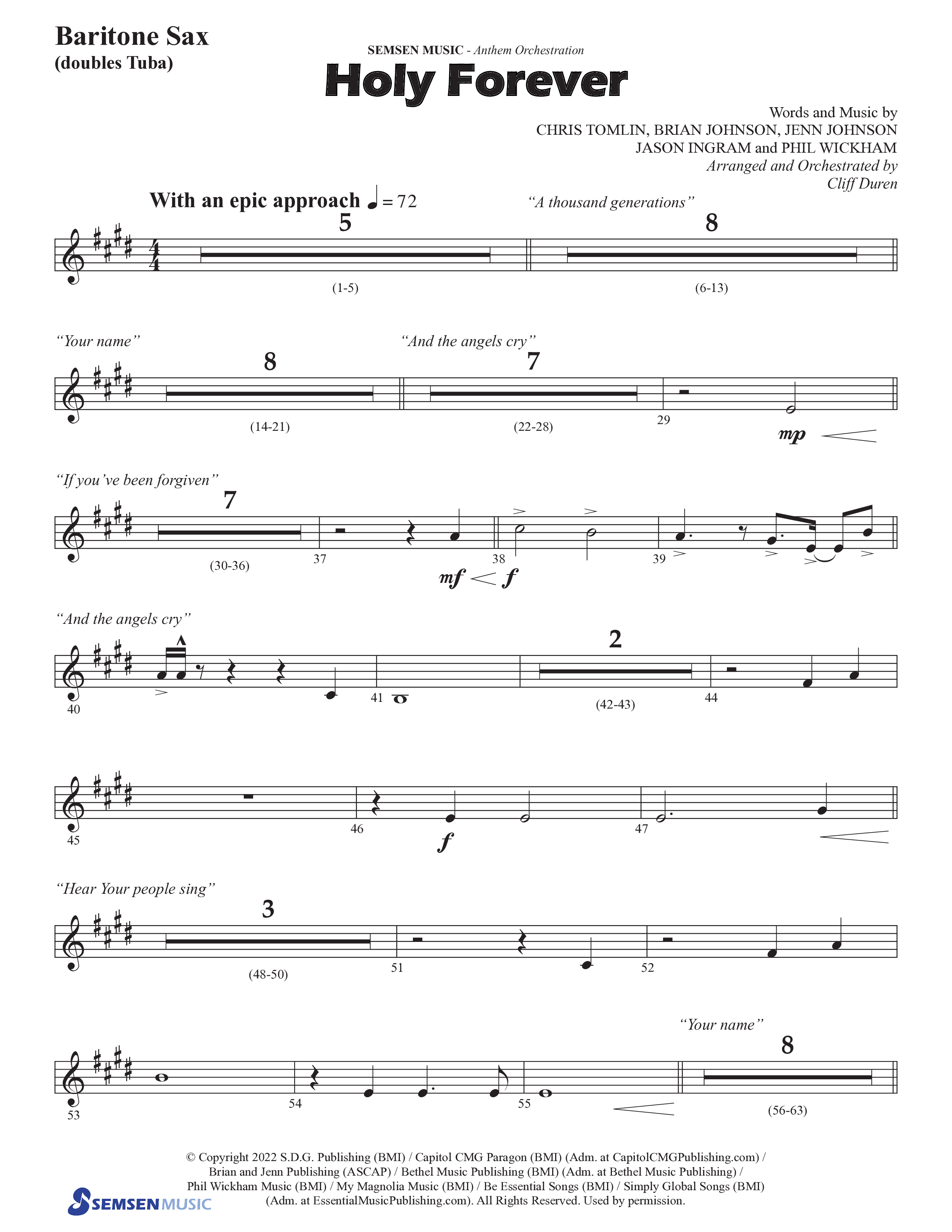 Holy Forever (Choral Anthem SATB) Bari Sax (Semsen Music / Arr. Cliff Duren)