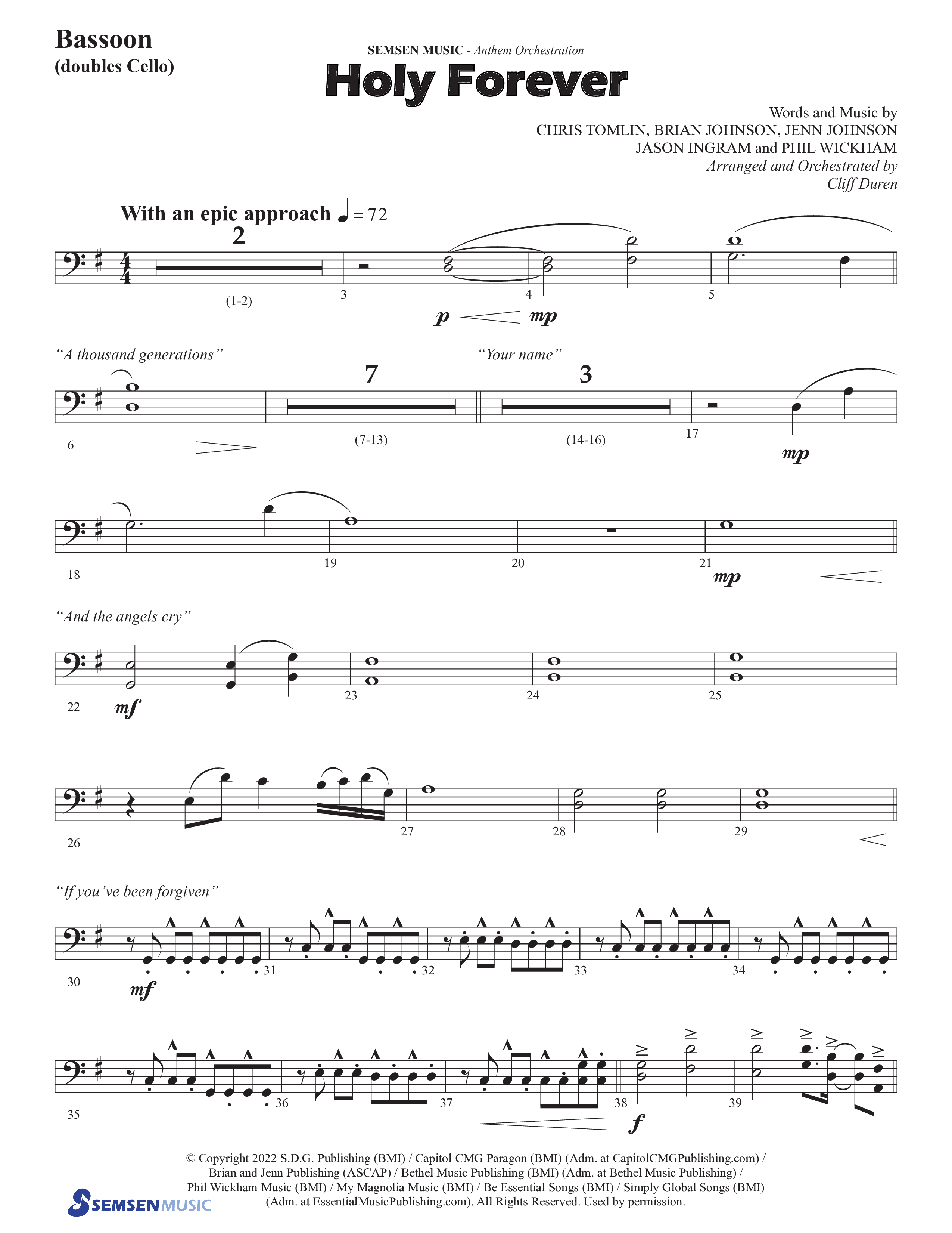 Holy Forever (Choral Anthem SATB) Bassoon (Semsen Music / Arr. Cliff Duren)