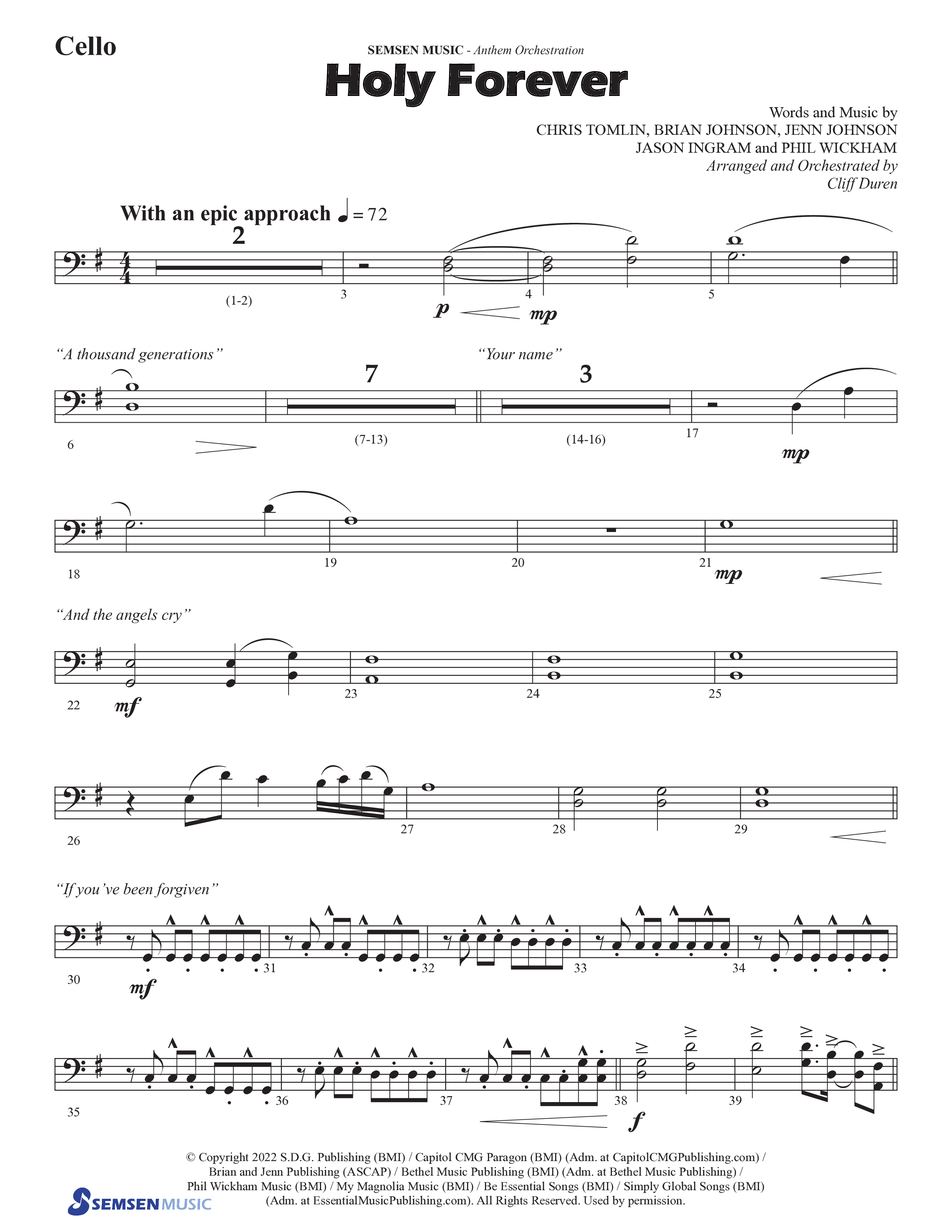 Holy Forever (Choral Anthem SATB) Cello (Semsen Music / Arr. Cliff Duren)