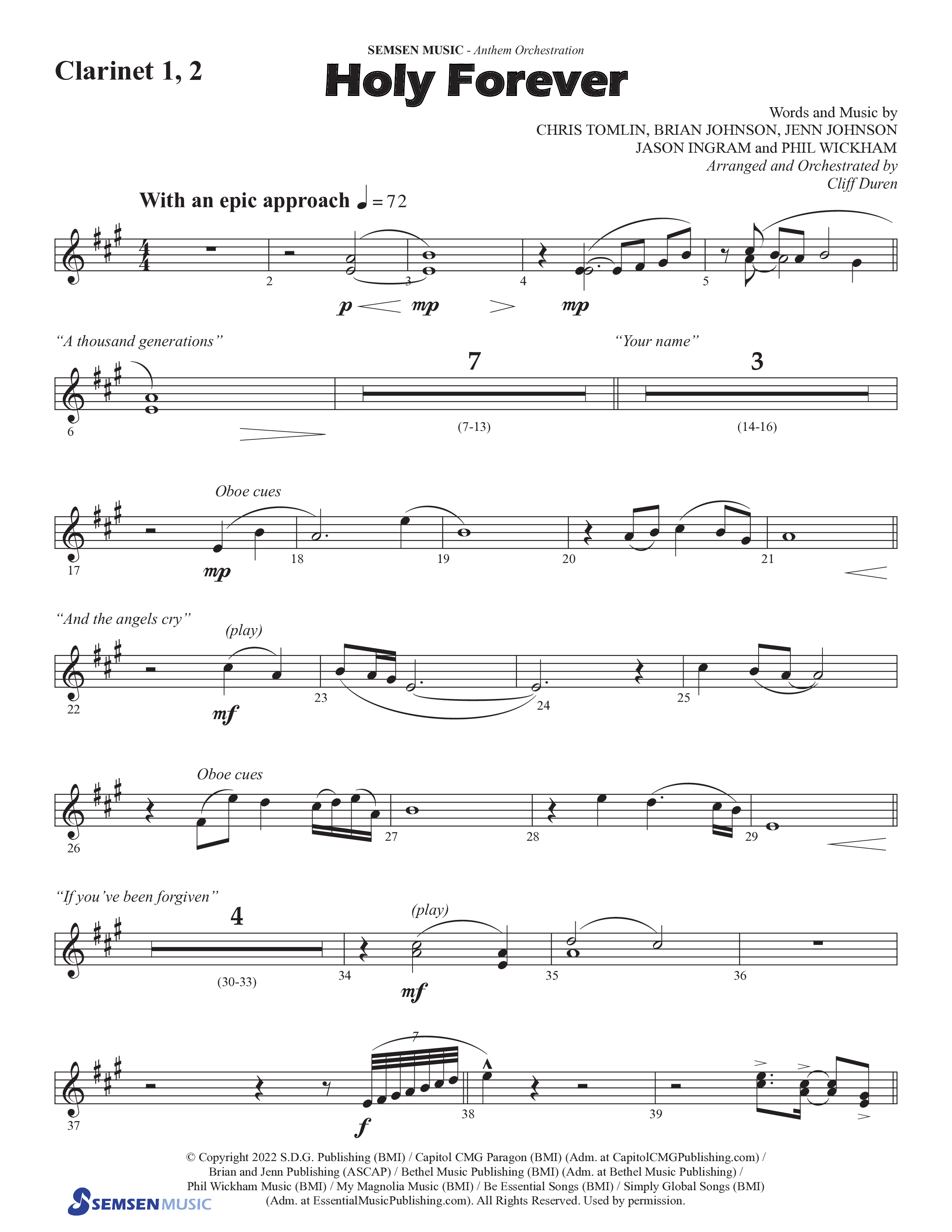 Holy Forever (Choral Anthem SATB) Clarinet 1/2 (Semsen Music / Arr. Cliff Duren)