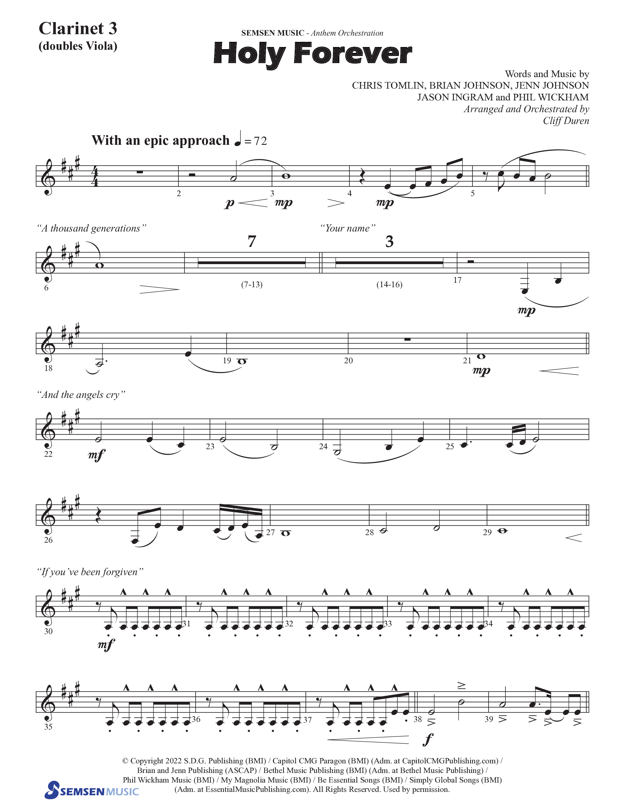 Holy Forever (Choral Anthem SATB) Clarinet 3 (Semsen Music / Arr. Cliff Duren)