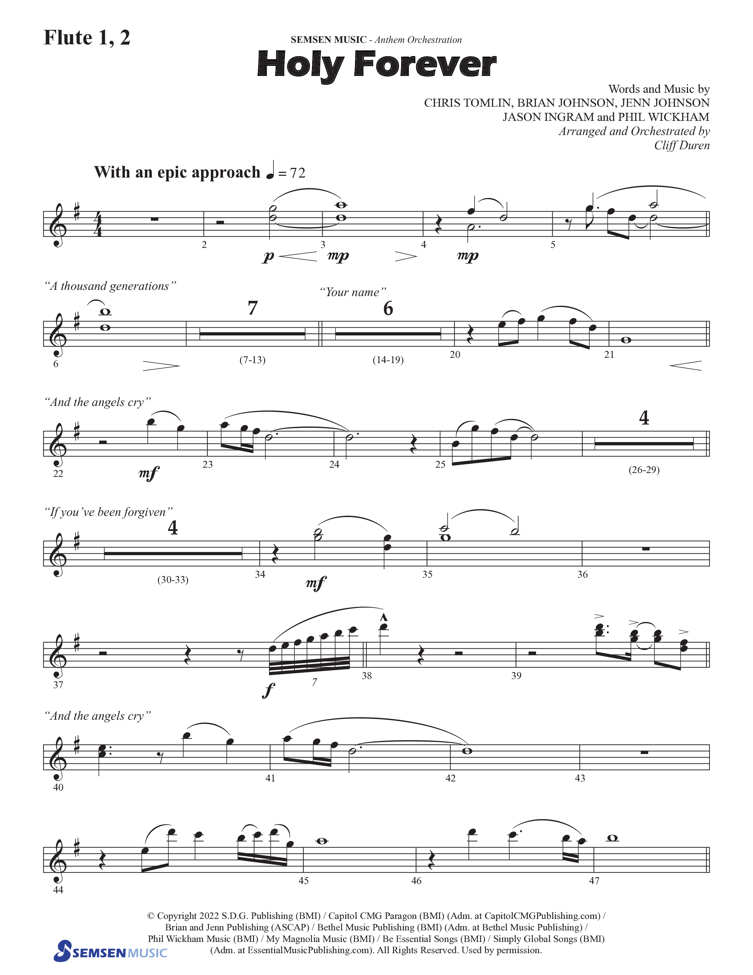 Holy Forever (Choral Anthem SATB) Flute 1/2 (Semsen Music / Arr. Cliff Duren)
