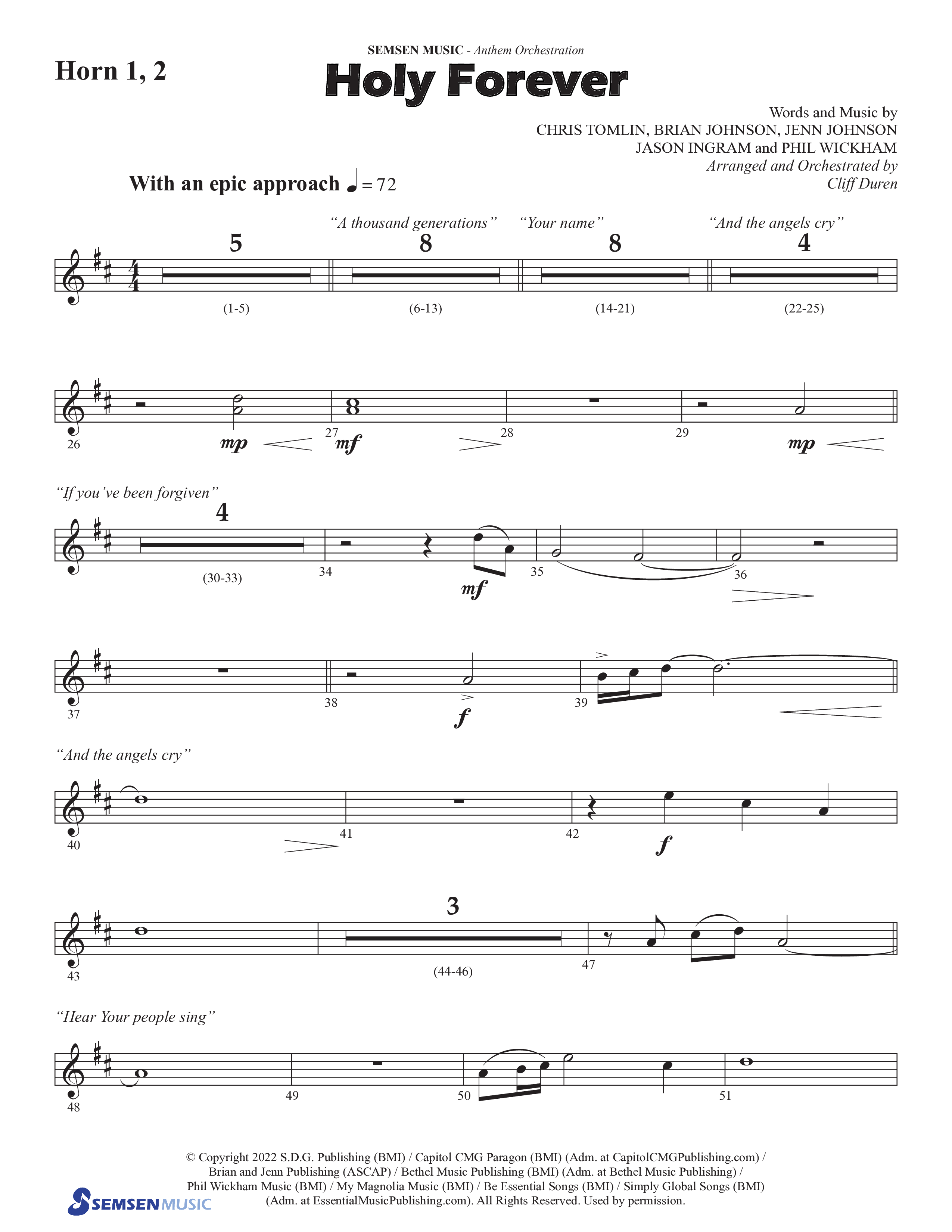 Holy Forever (Choral Anthem SATB) French Horn 1/2 (Semsen Music / Arr. Cliff Duren)