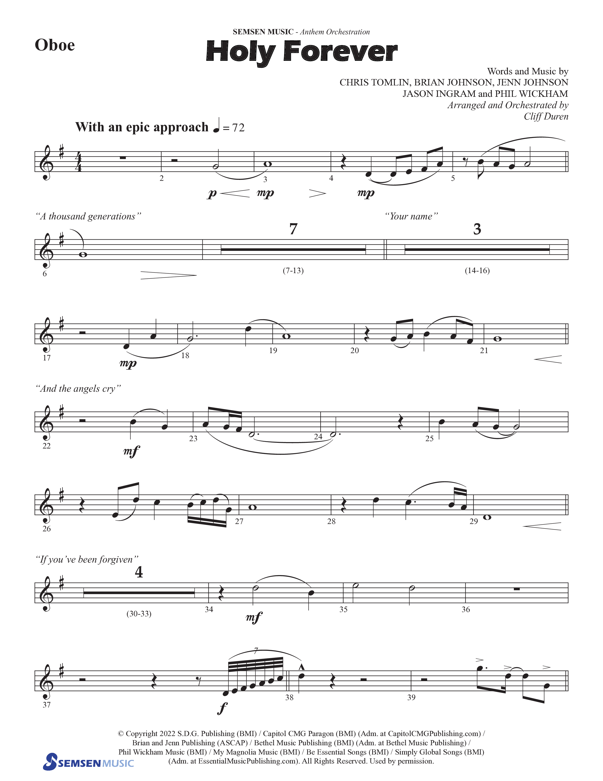 Holy Forever (Choral Anthem SATB) Oboe (Semsen Music / Arr. Cliff Duren)