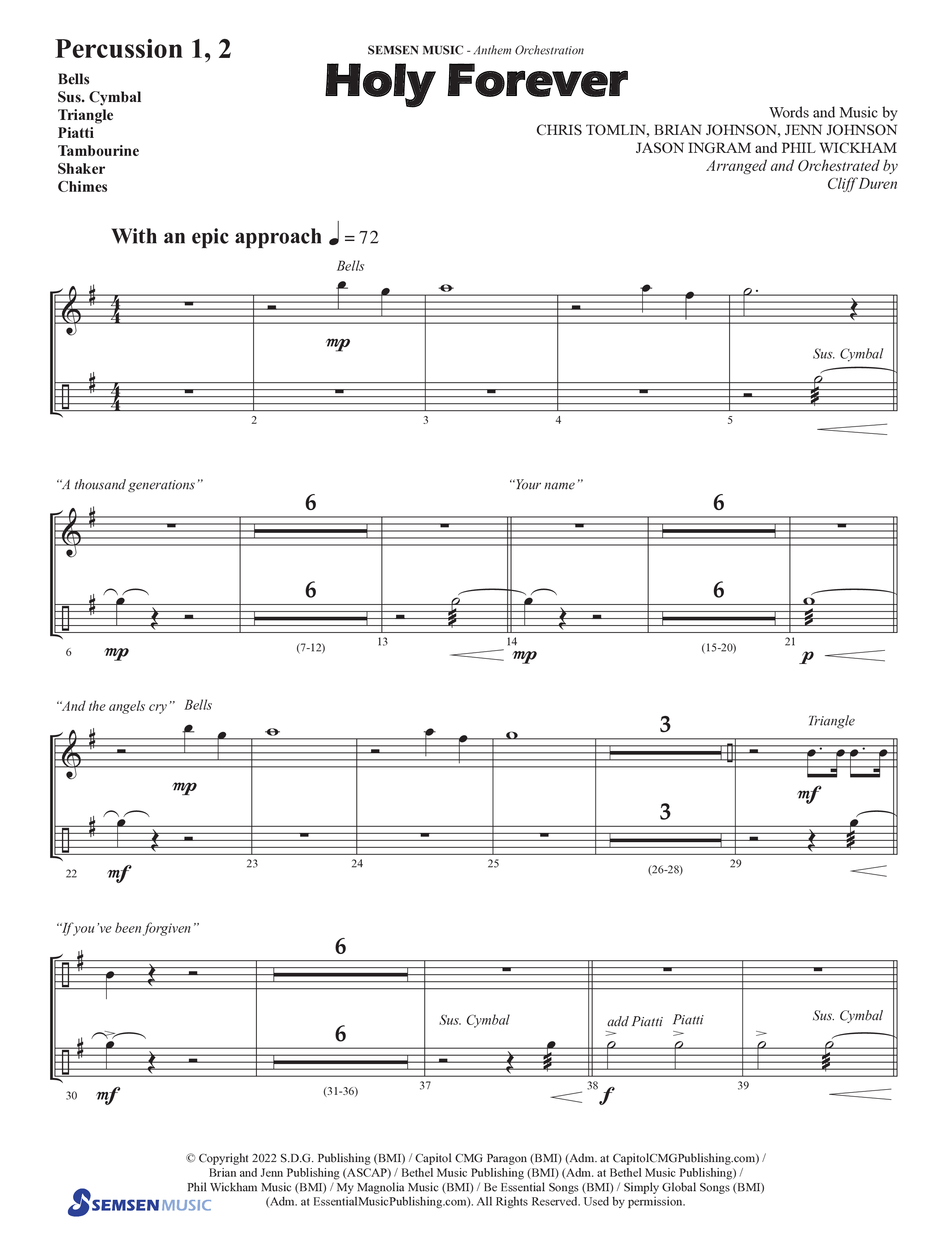 Holy Forever (Choral Anthem SATB) Percussion 1/2 (Semsen Music / Arr. Cliff Duren)