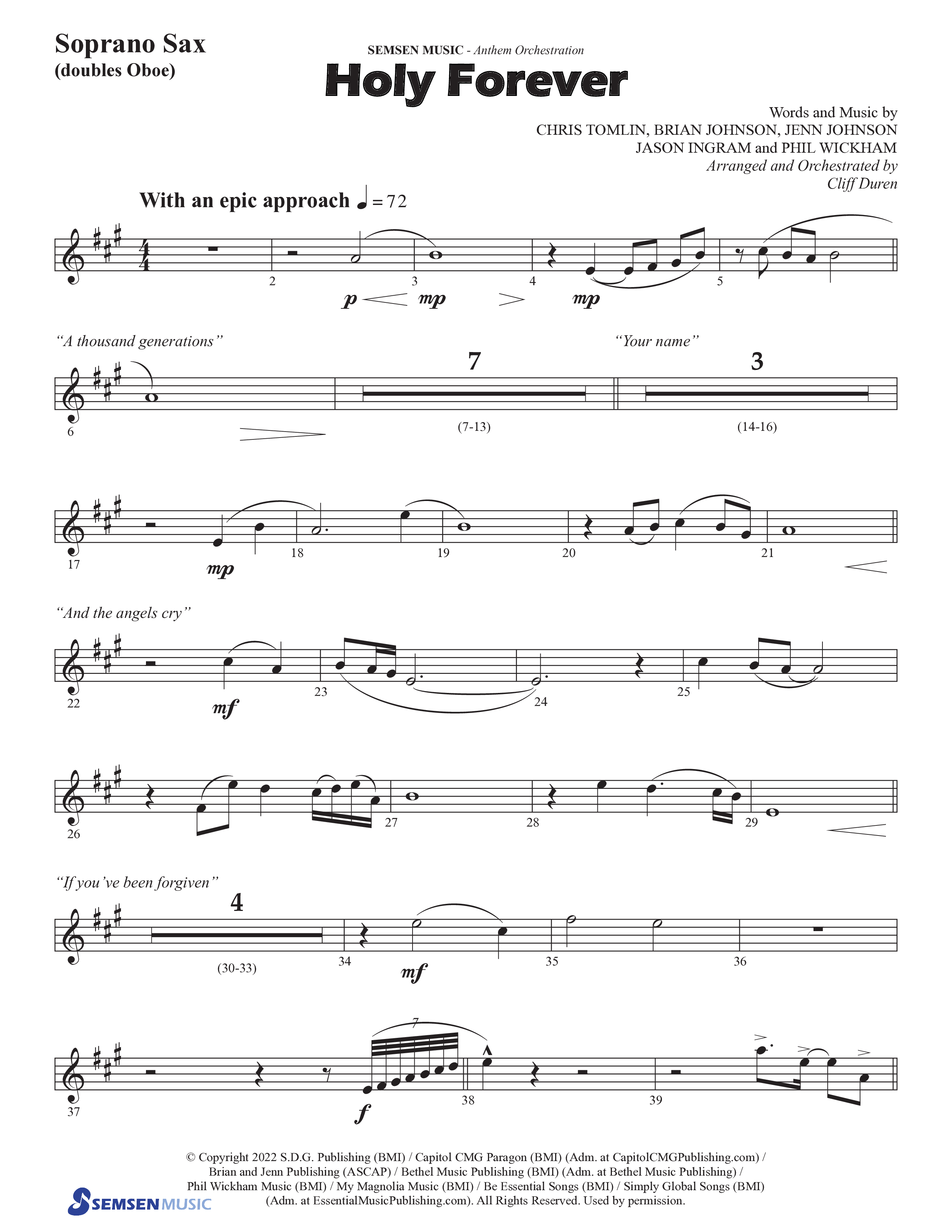 Holy Forever (Choral Anthem SATB) Soprano Sax (Semsen Music / Arr. Cliff Duren)