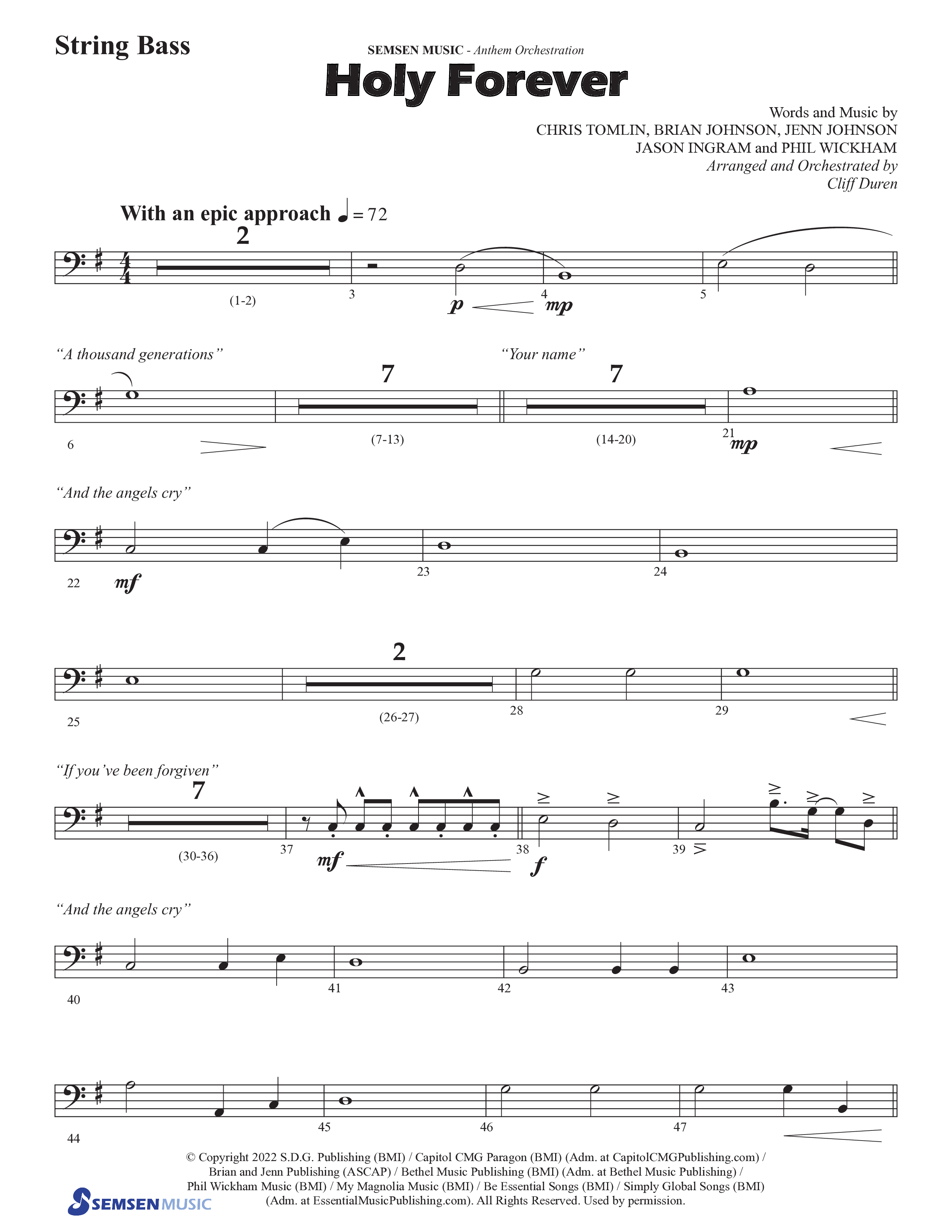 Holy Forever (Choral Anthem SATB) String Bass (Semsen Music / Arr. Cliff Duren)