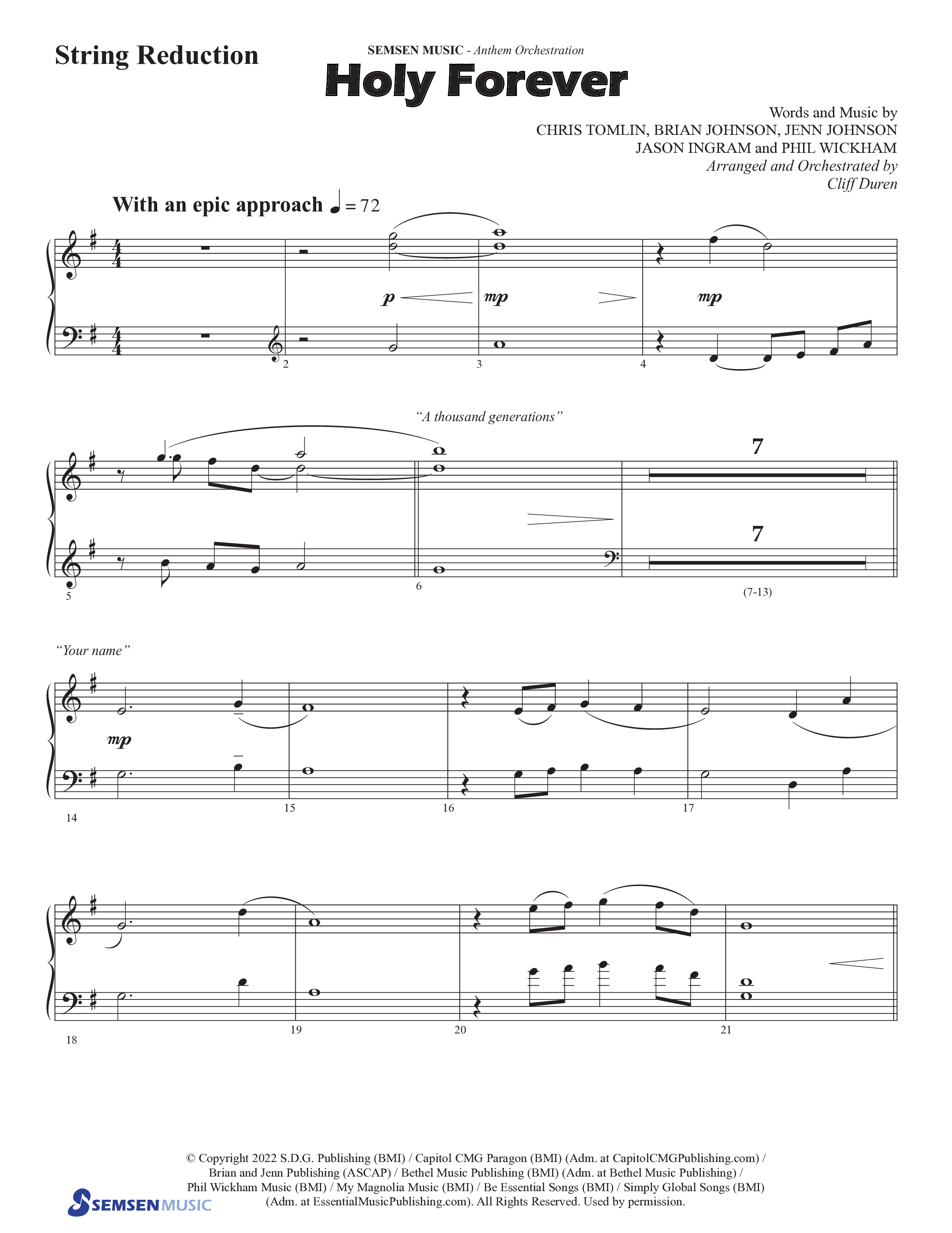 Holy Forever (Choral Anthem SATB) String Reduction (Semsen Music / Arr. Cliff Duren)