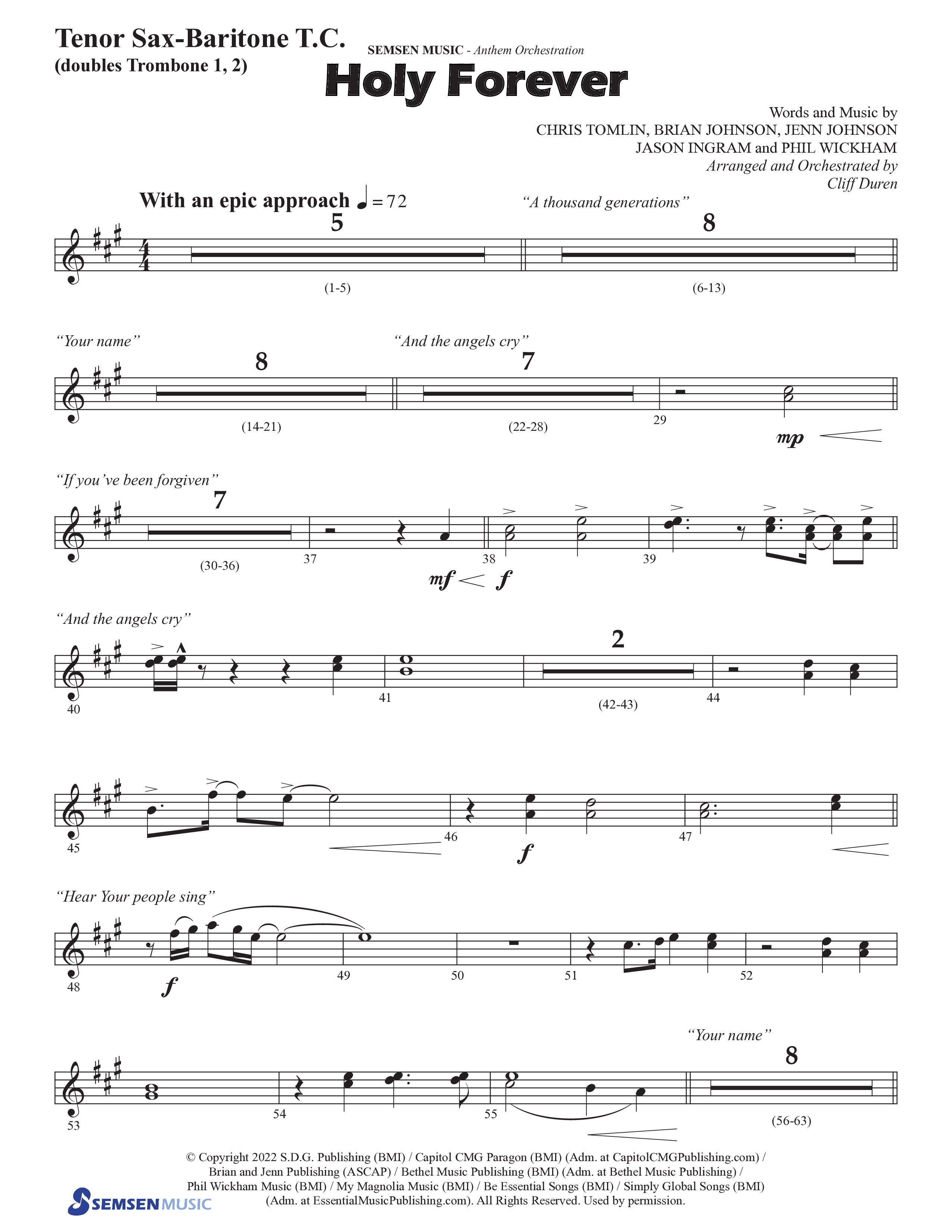 Holy Forever (Choral Anthem SATB) Tenor Sax/Baritone T.C. (Semsen Music / Arr. Cliff Duren)