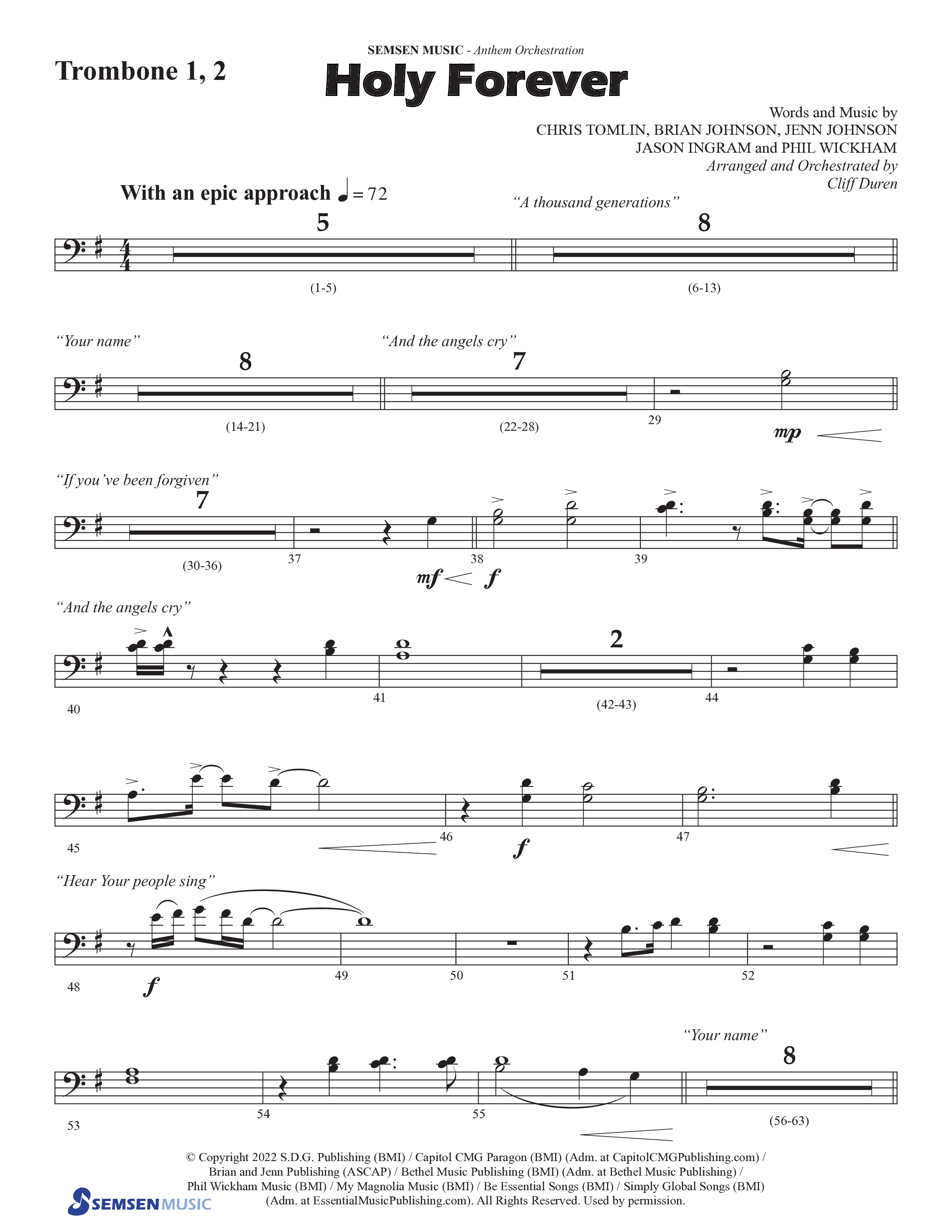 Holy Forever (Choral Anthem SATB) Trombone 1/2 (Semsen Music / Arr. Cliff Duren)