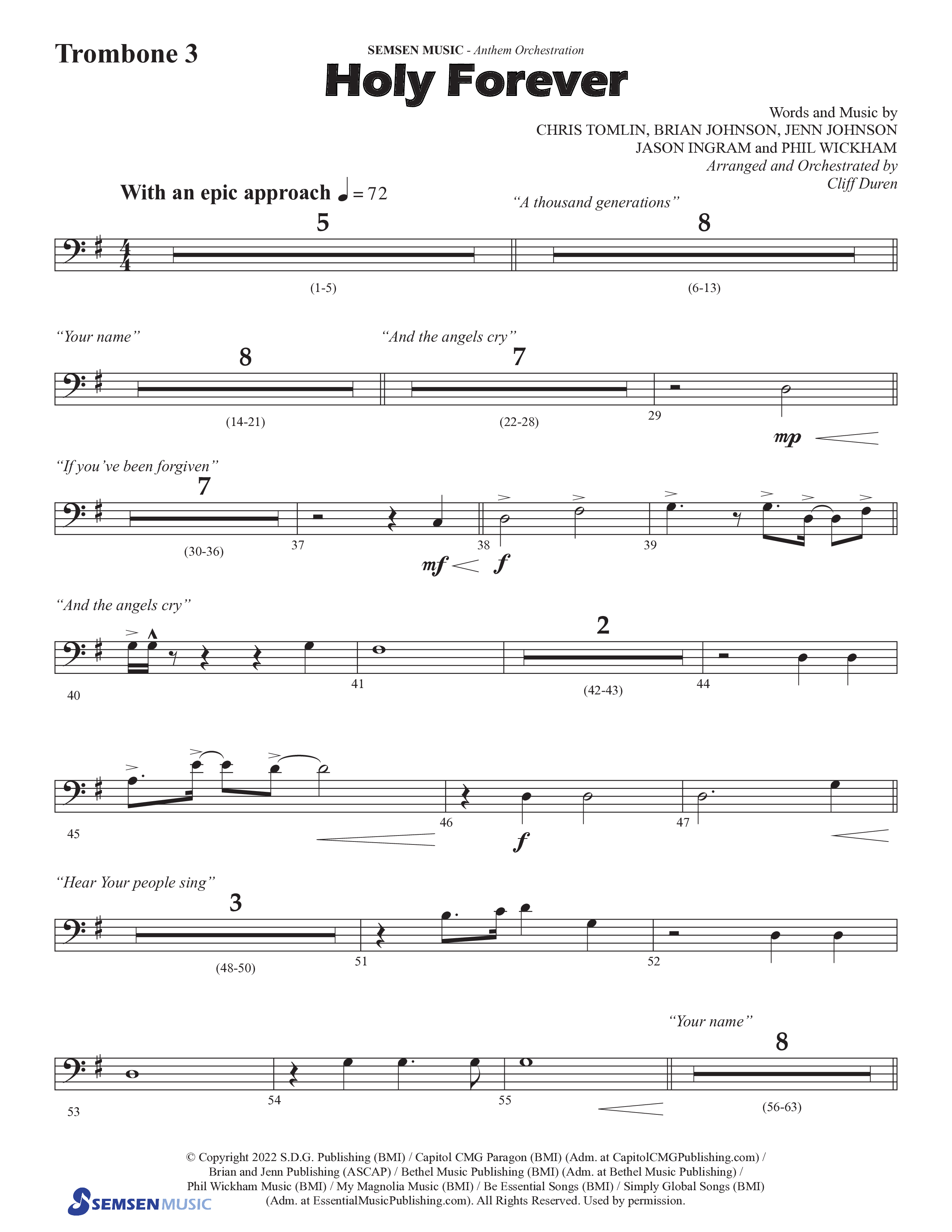 Holy Forever (Choral Anthem SATB) Trombone 3 (Semsen Music / Arr. Cliff Duren)