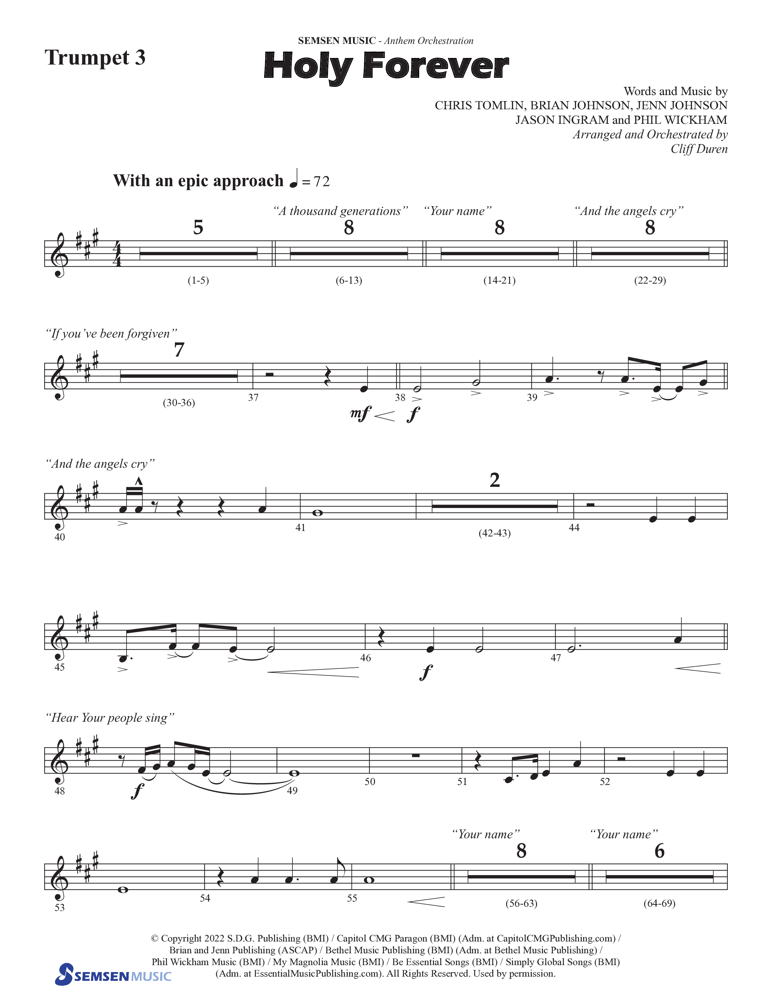 Holy Forever (Choral Anthem SATB) Trumpet 3 (Semsen Music / Arr. Cliff Duren)