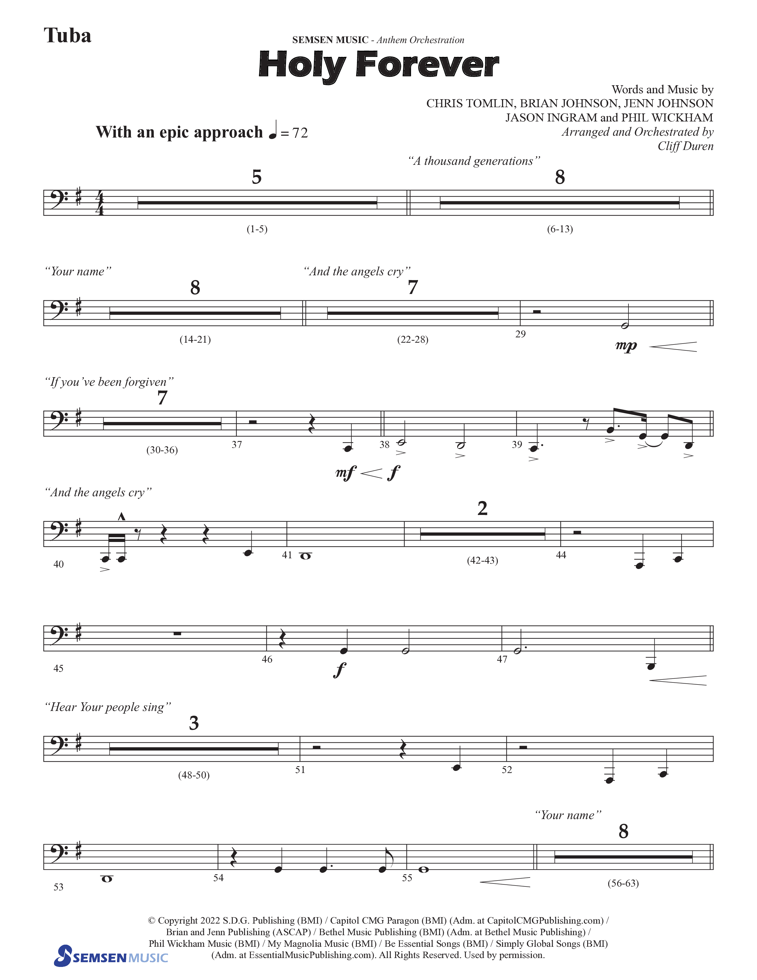 Holy Forever (Choral Anthem SATB) Tuba (Semsen Music / Arr. Cliff Duren)