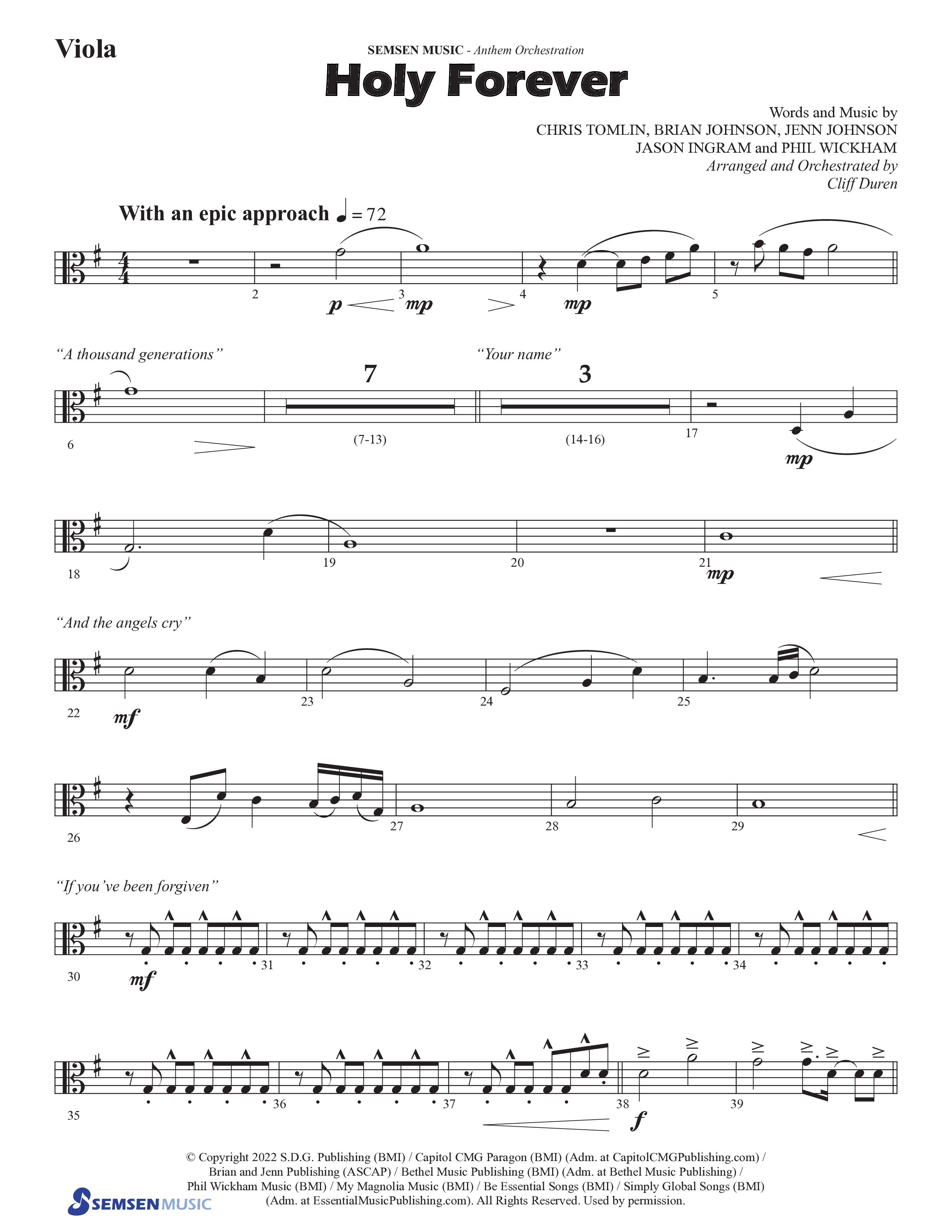 Holy Forever (Choral Anthem SATB) Viola (Semsen Music / Arr. Cliff Duren)