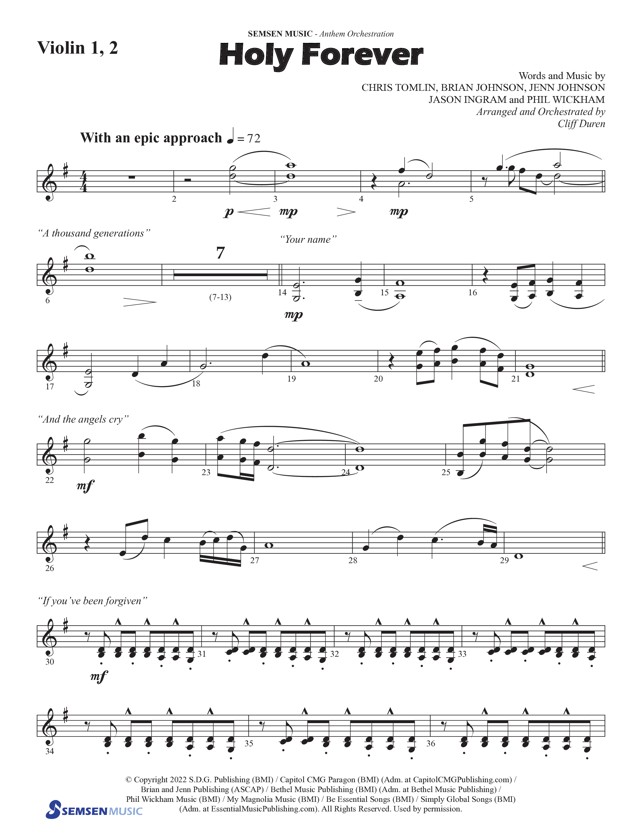 Holy Forever (Choral Anthem SATB) Violin 1/2 (Semsen Music / Arr. Cliff Duren)