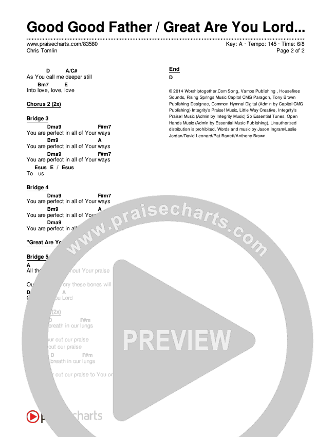 Good Good Father / Great Are You Lord (Live From Good Friday) Chords & Lyrics (Chris Tomlin)