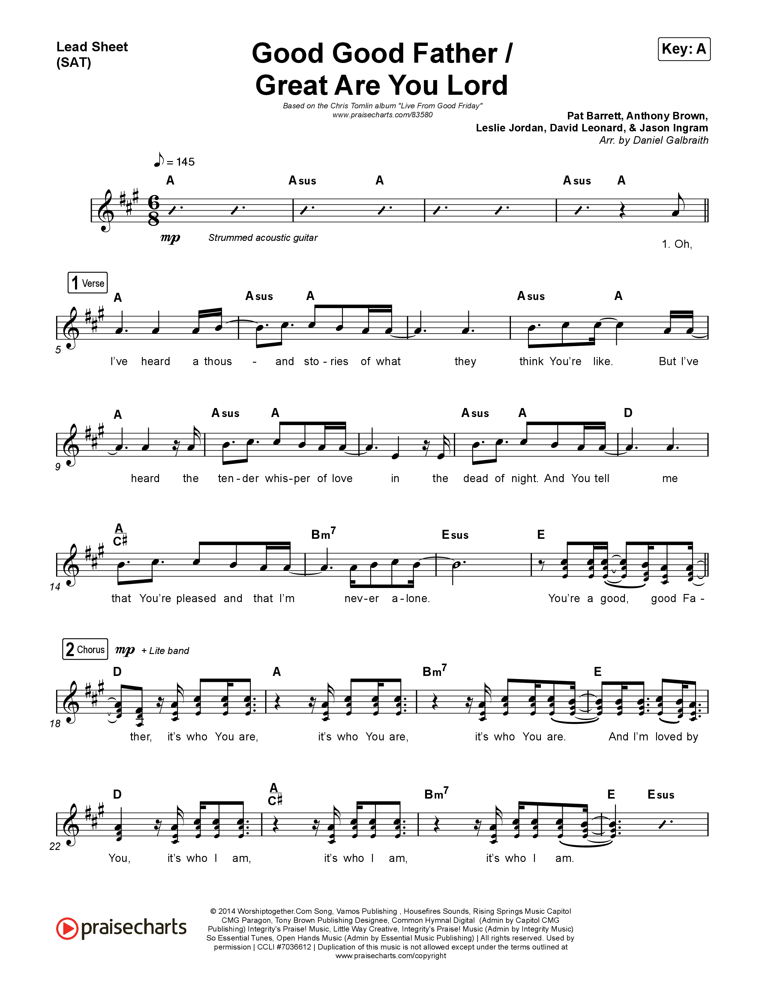 Good Good Father / Great Are You Lord (Live From Good Friday) Lead Sheet (SAT) (Chris Tomlin)
