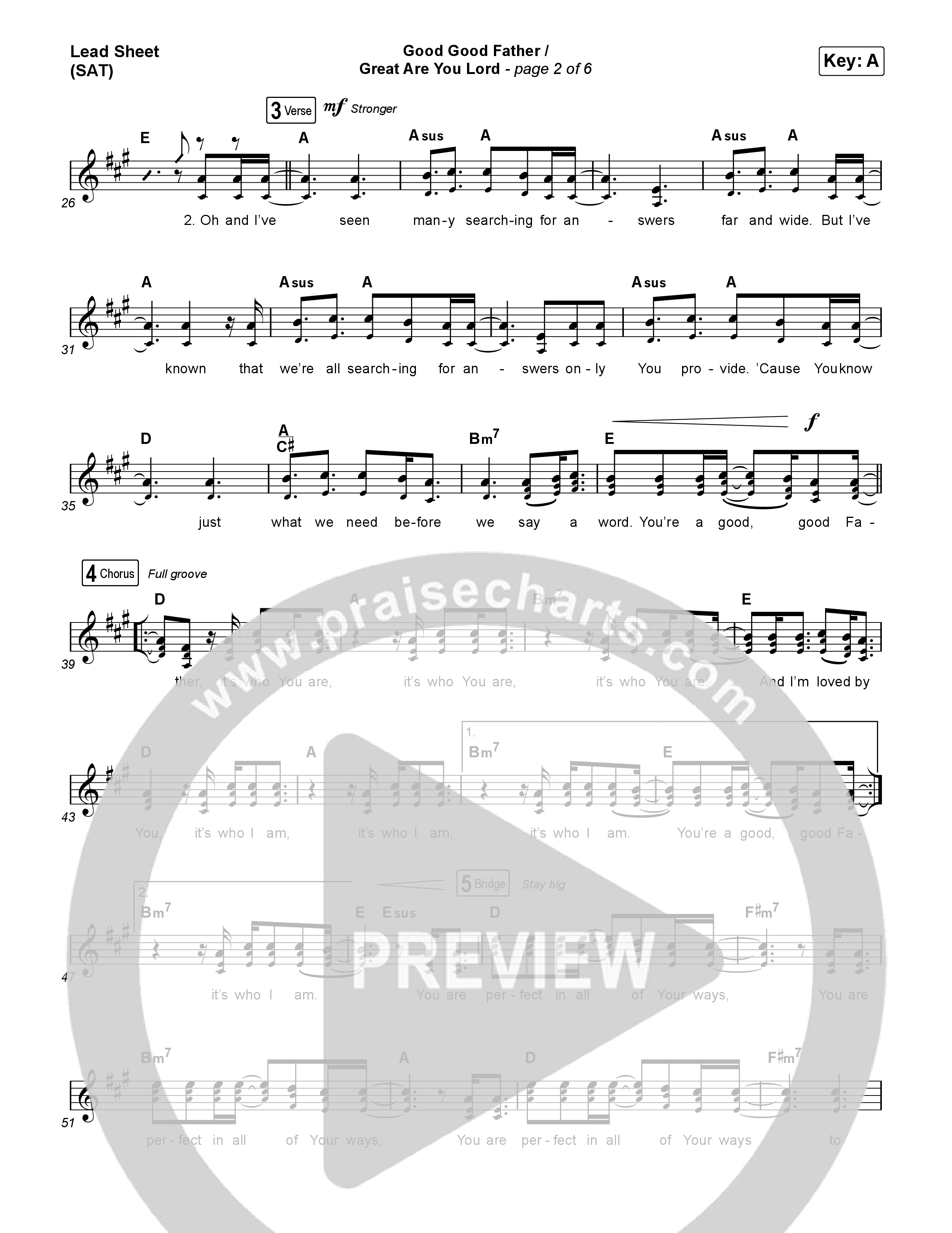 Good Good Father / Great Are You Lord (Live From Good Friday) Lead Sheet (SAT) (Chris Tomlin)