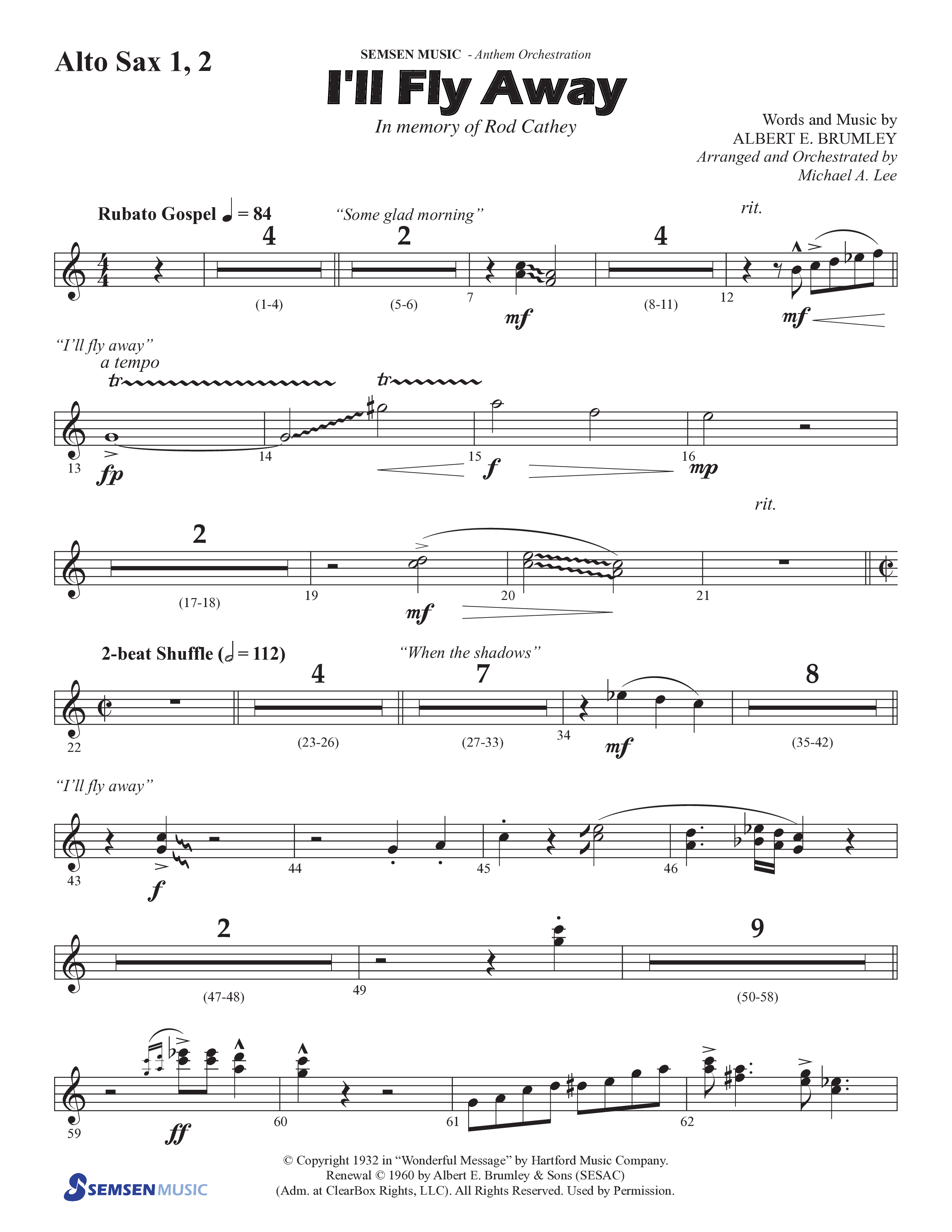I'll Fly Away (Choral Anthem SATB) Alto Sax 1/2 (Semsen Music / Arr. Michael Lee)