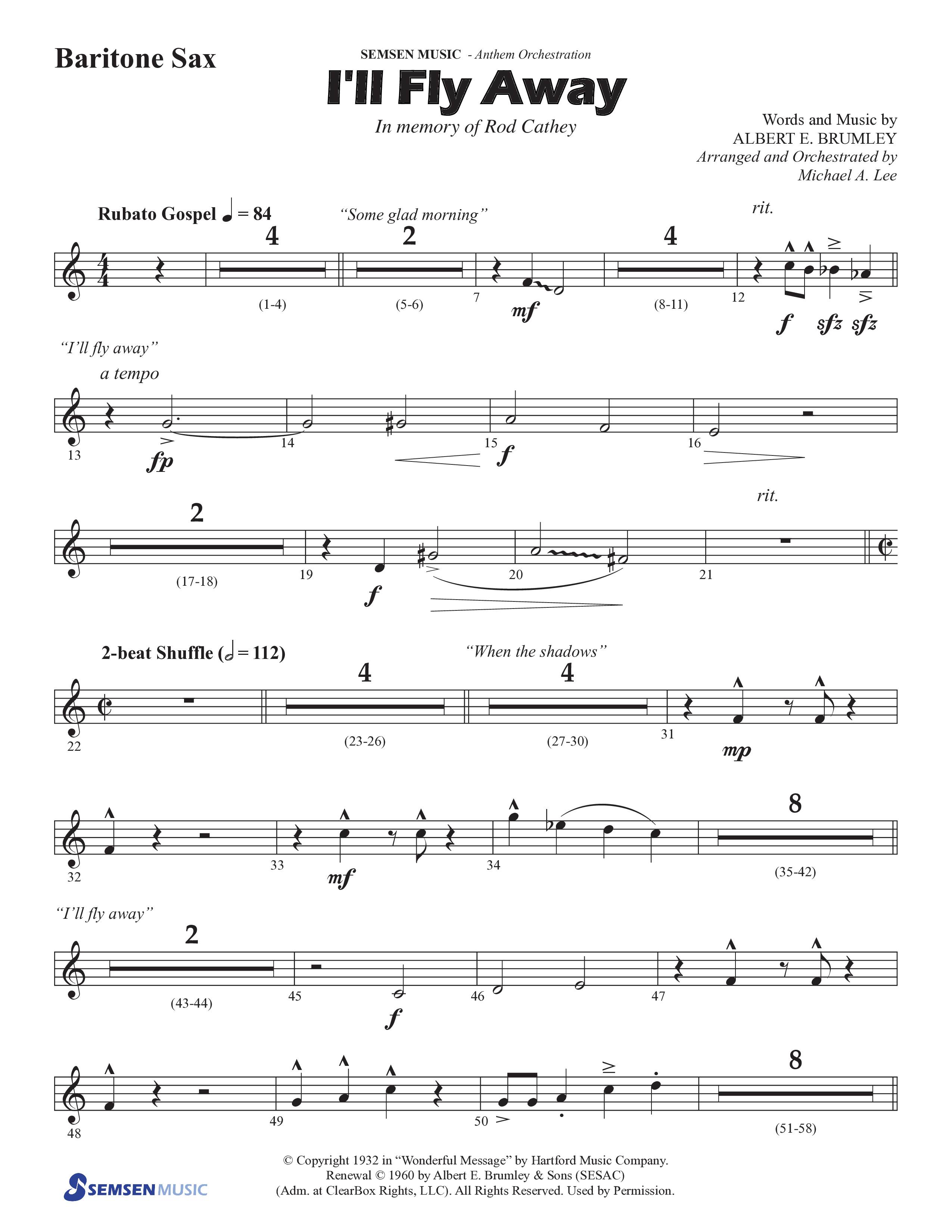 I'll Fly Away (Choral Anthem SATB) Bari Sax (Semsen Music / Arr. Michael Lee)