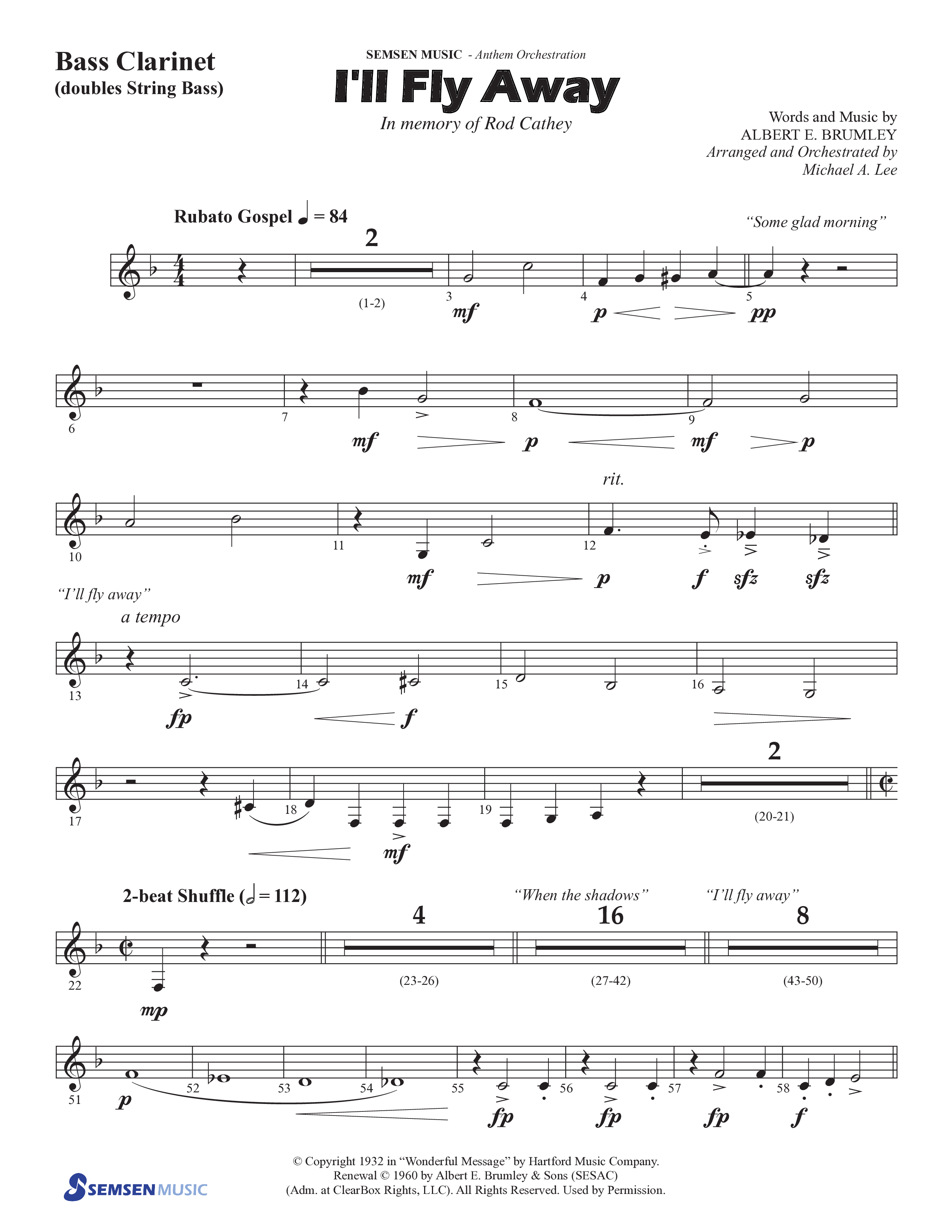I'll Fly Away (Choral Anthem SATB) Bass Clarinet (Semsen Music / Arr. Michael Lee)