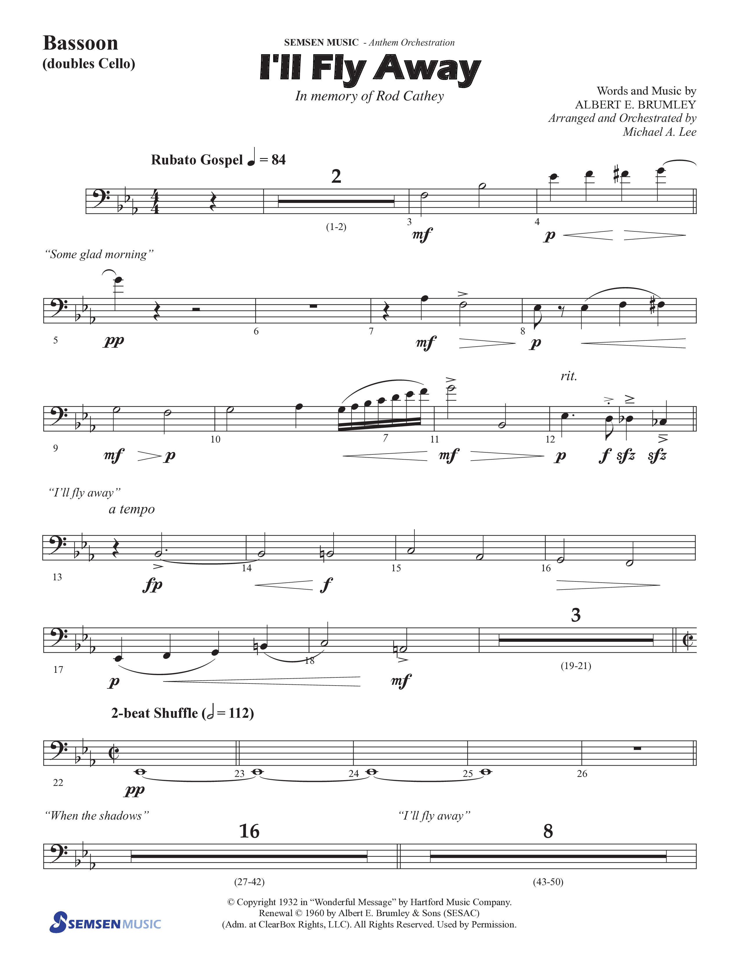 I'll Fly Away (Choral Anthem SATB) Bassoon (Semsen Music / Arr. Michael Lee)