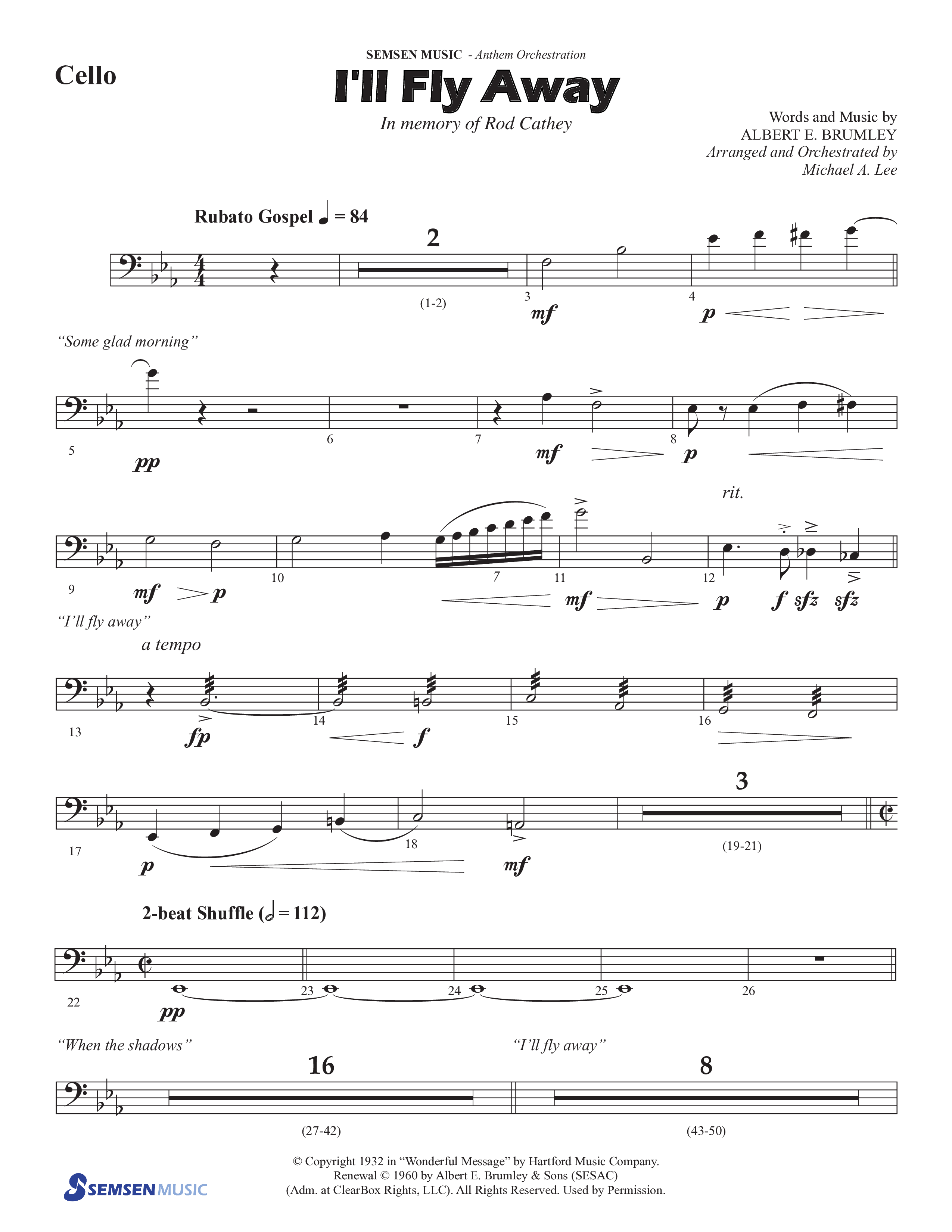 I'll Fly Away (Choral Anthem SATB) Cello (Semsen Music / Arr. Michael Lee)