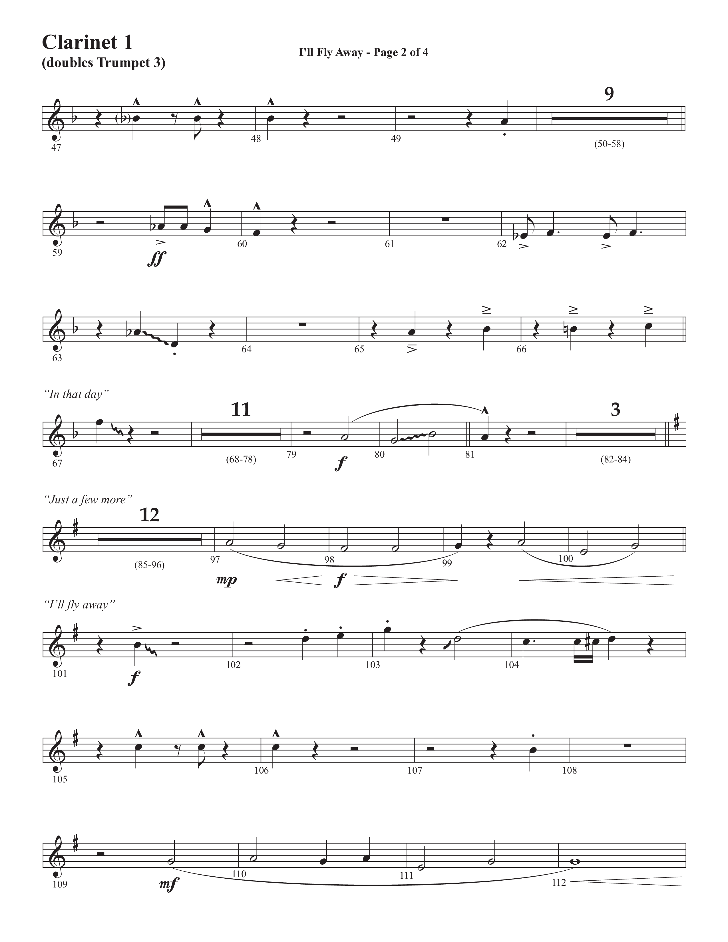 I'll Fly Away (Choral Anthem SATB) Clarinet 1/2 (Semsen Music / Arr. Michael Lee)