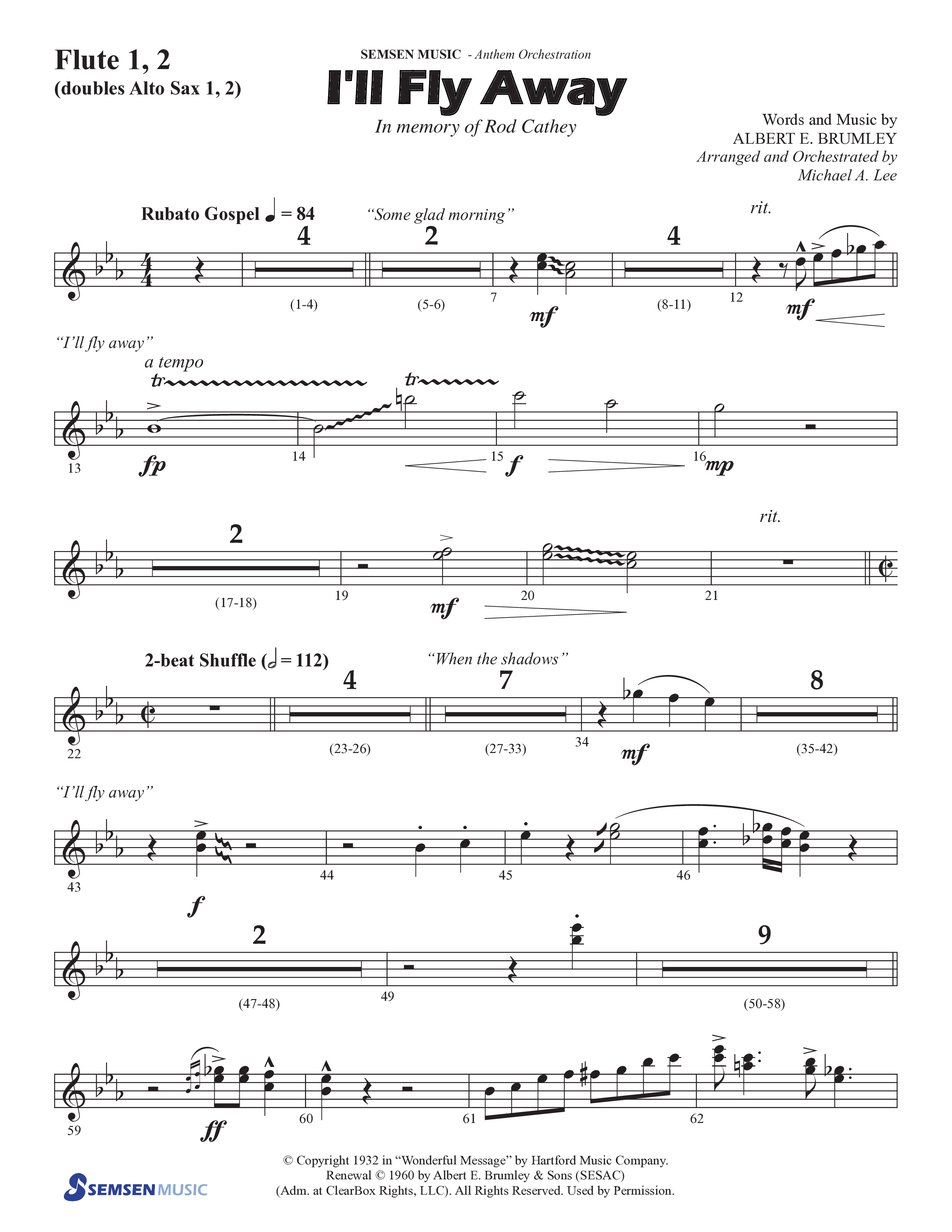 I'll Fly Away (Choral Anthem SATB) Flute 1/2 (Semsen Music / Arr. Michael Lee)