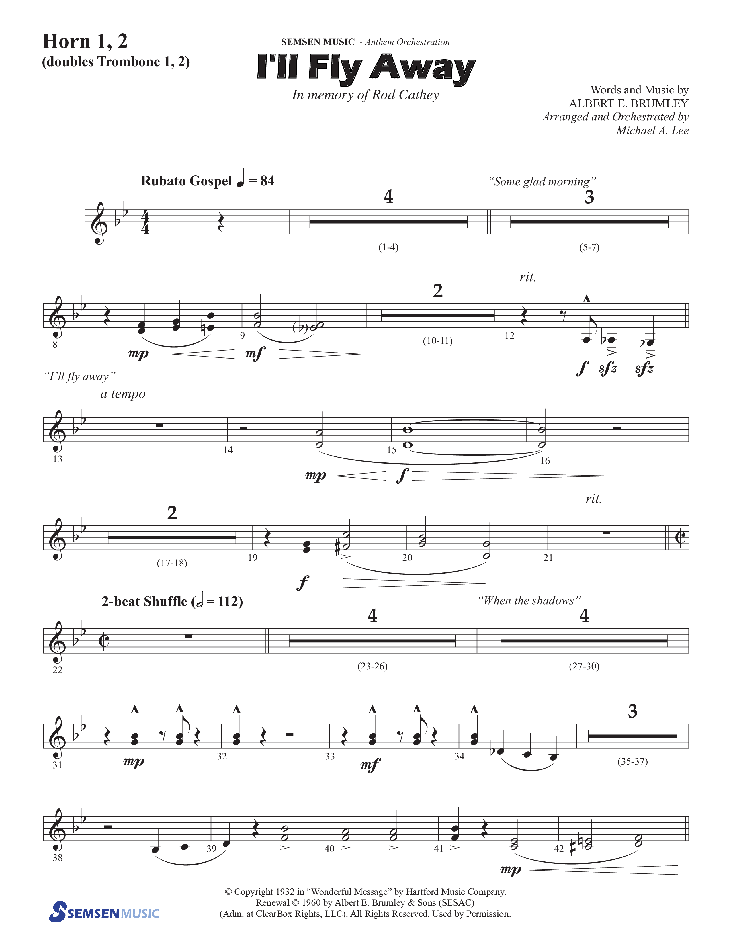 I'll Fly Away (Choral Anthem SATB) French Horn 1/2 (Semsen Music / Arr. Michael Lee)