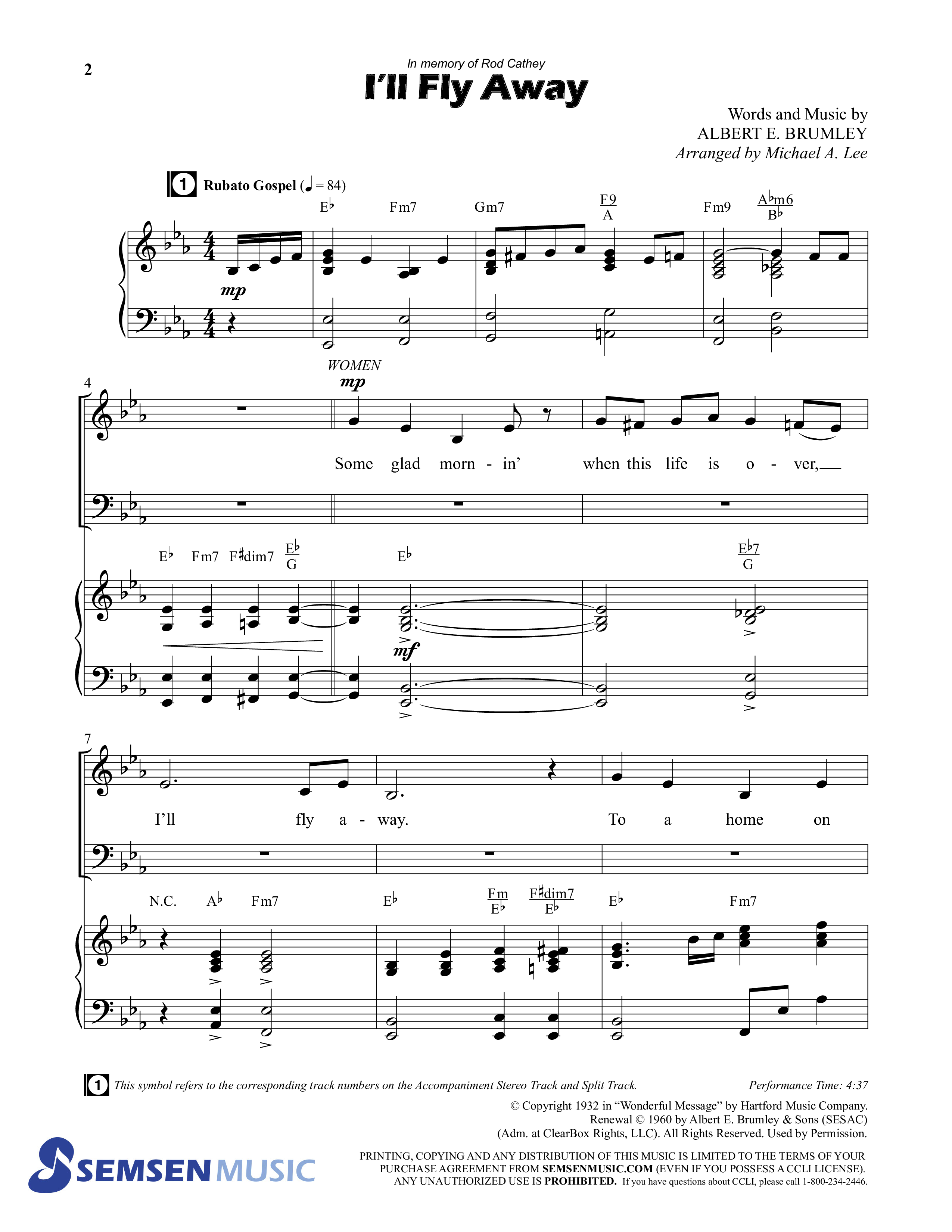 I'll Fly Away (Choral Anthem SATB) Anthem (SATB/Piano) (Semsen Music / Arr. Michael Lee)