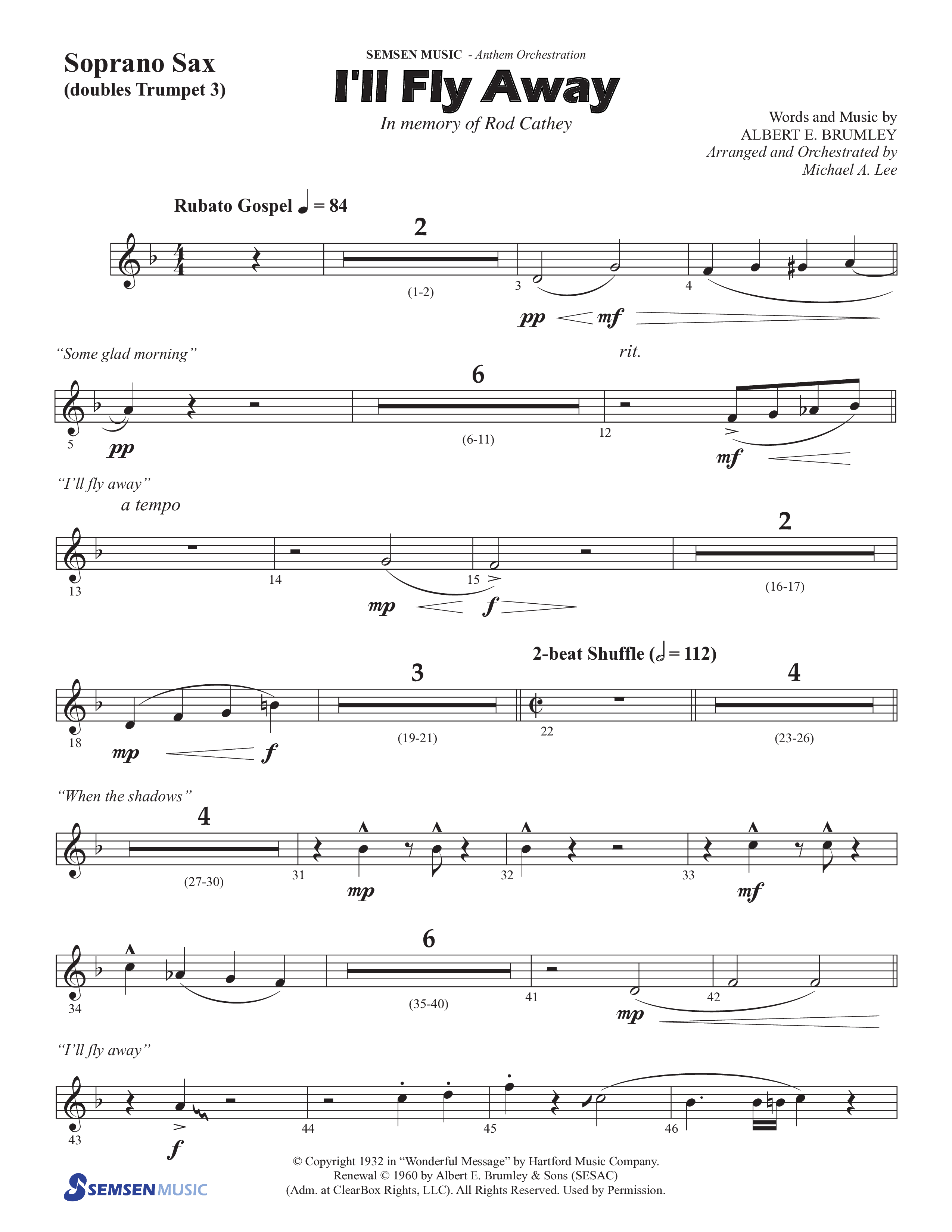 I'll Fly Away (Choral Anthem SATB) Soprano Sax (Semsen Music / Arr. Michael Lee)