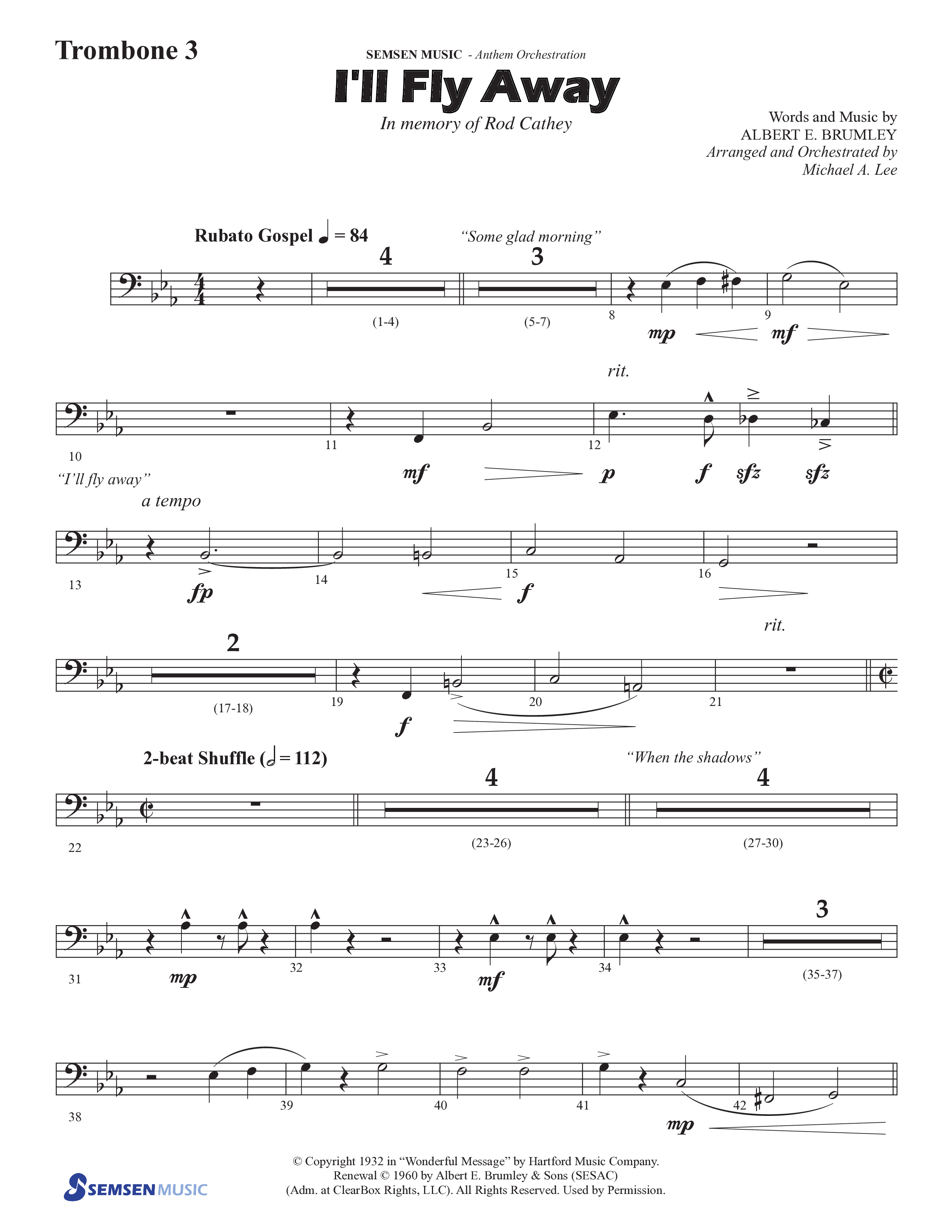 I'll Fly Away (Choral Anthem SATB) Trombone 3 (Semsen Music / Arr. Michael Lee)