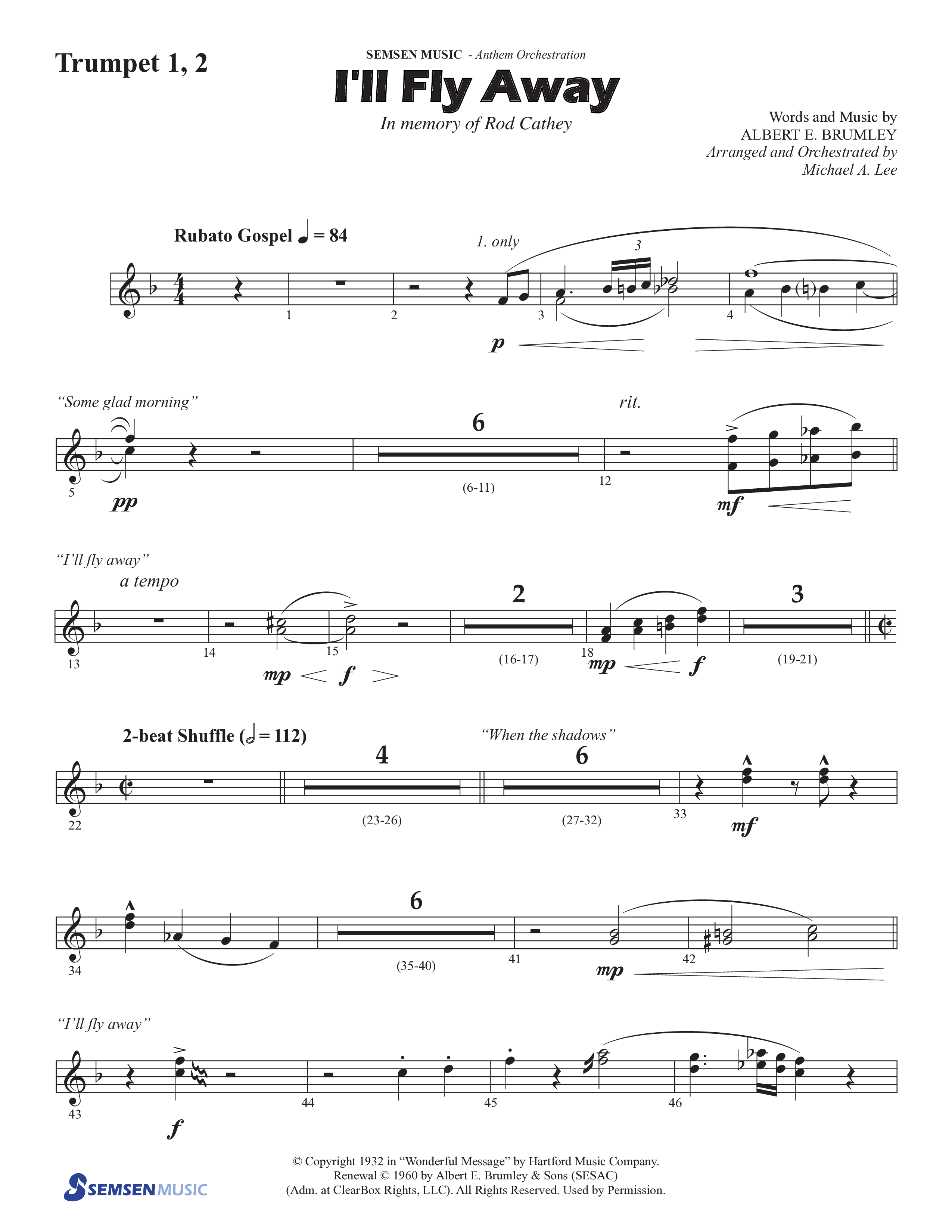 I'll Fly Away (Choral Anthem SATB) Trumpet 1,2 (Semsen Music / Arr. Michael Lee)