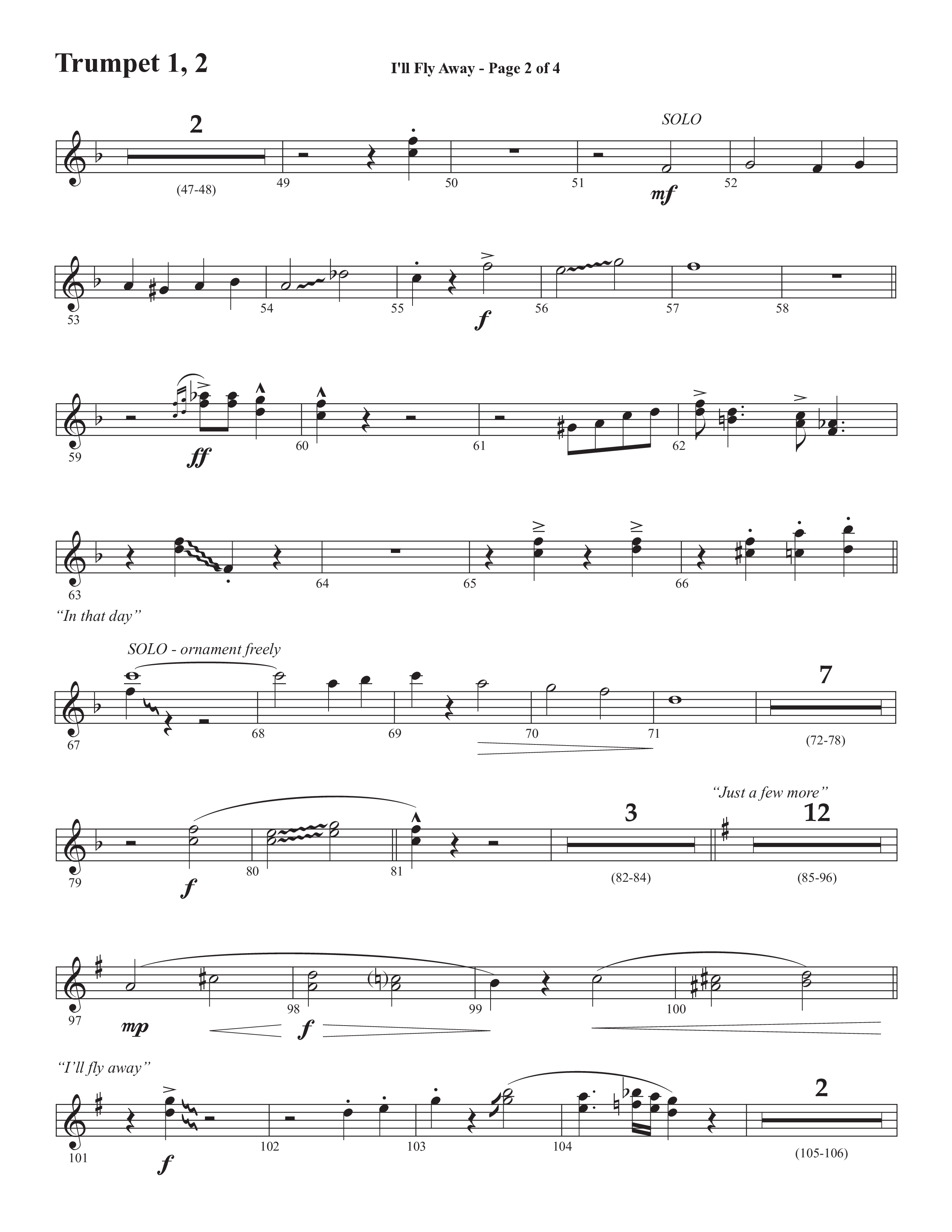 I'll Fly Away (Choral Anthem SATB) Trumpet 1,2 (Semsen Music / Arr. Michael Lee)