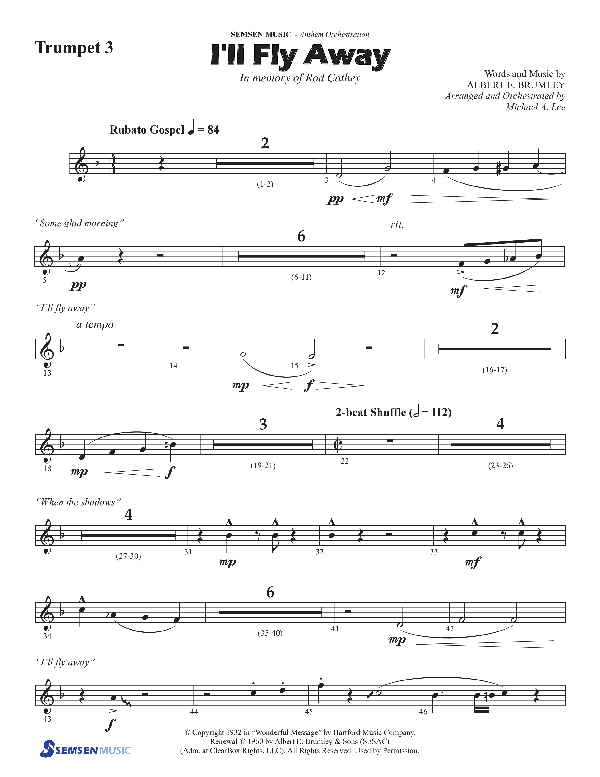 I'll Fly Away (Choral Anthem SATB) Trumpet 3 (Semsen Music / Arr. Michael Lee)