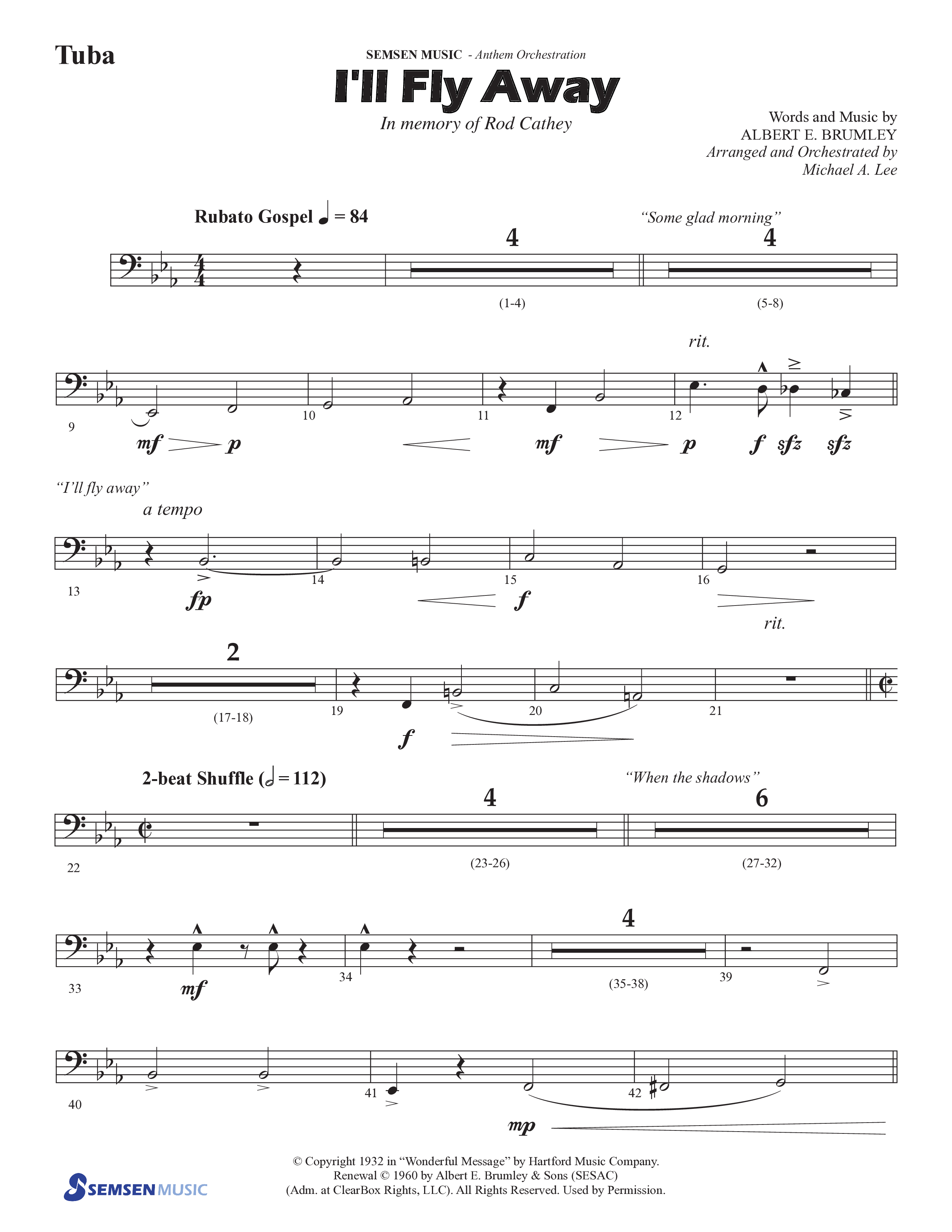 I'll Fly Away (Choral Anthem SATB) Tuba (Semsen Music / Arr. Michael Lee)