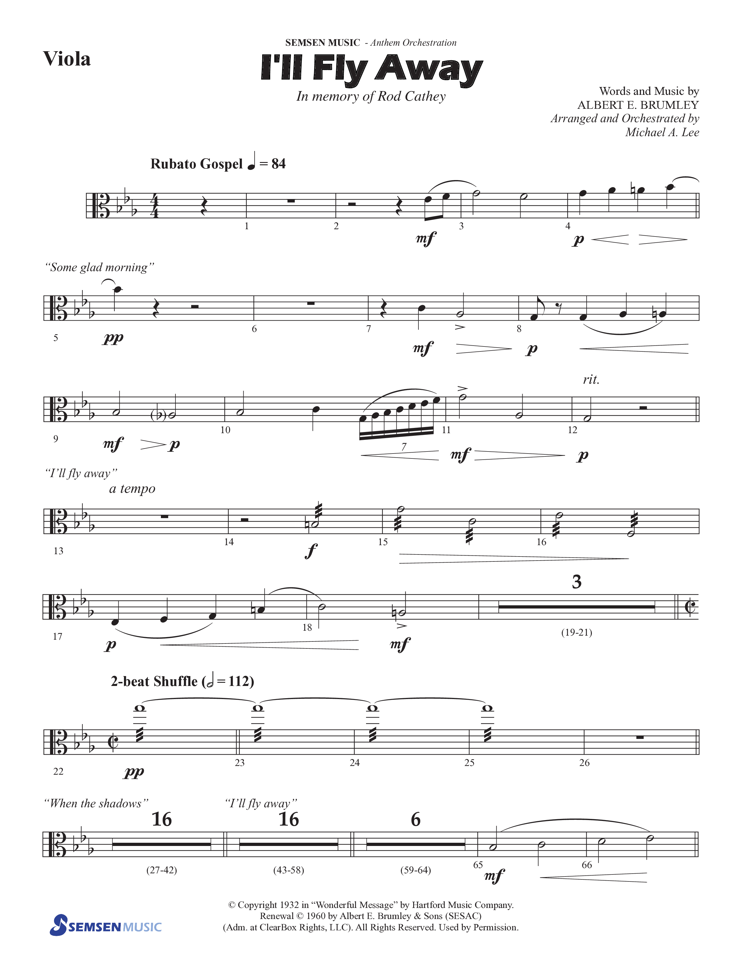 I'll Fly Away (Choral Anthem SATB) Viola (Semsen Music / Arr. Michael Lee)