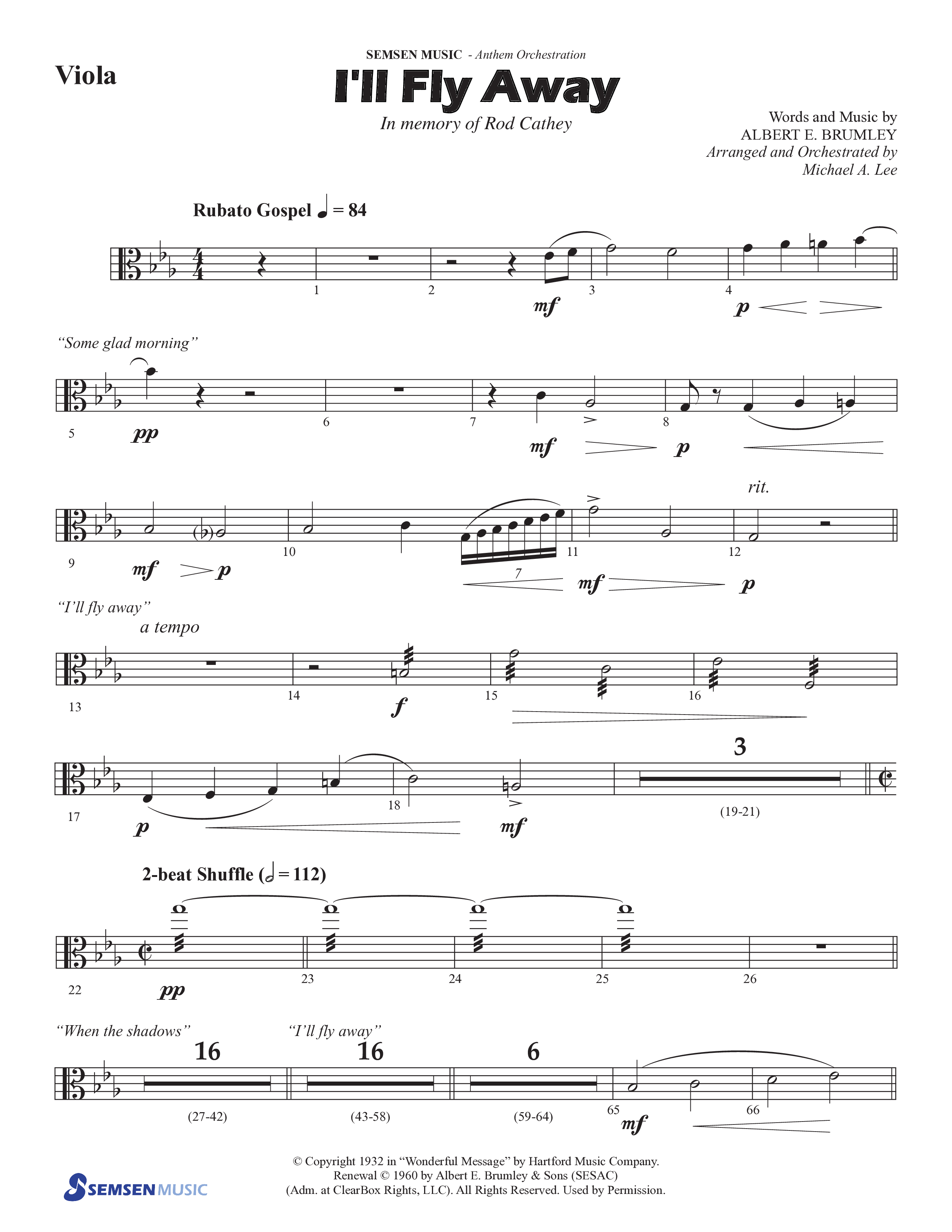 I'll Fly Away (Choral Anthem SATB) Viola (Semsen Music / Arr. Michael Lee)