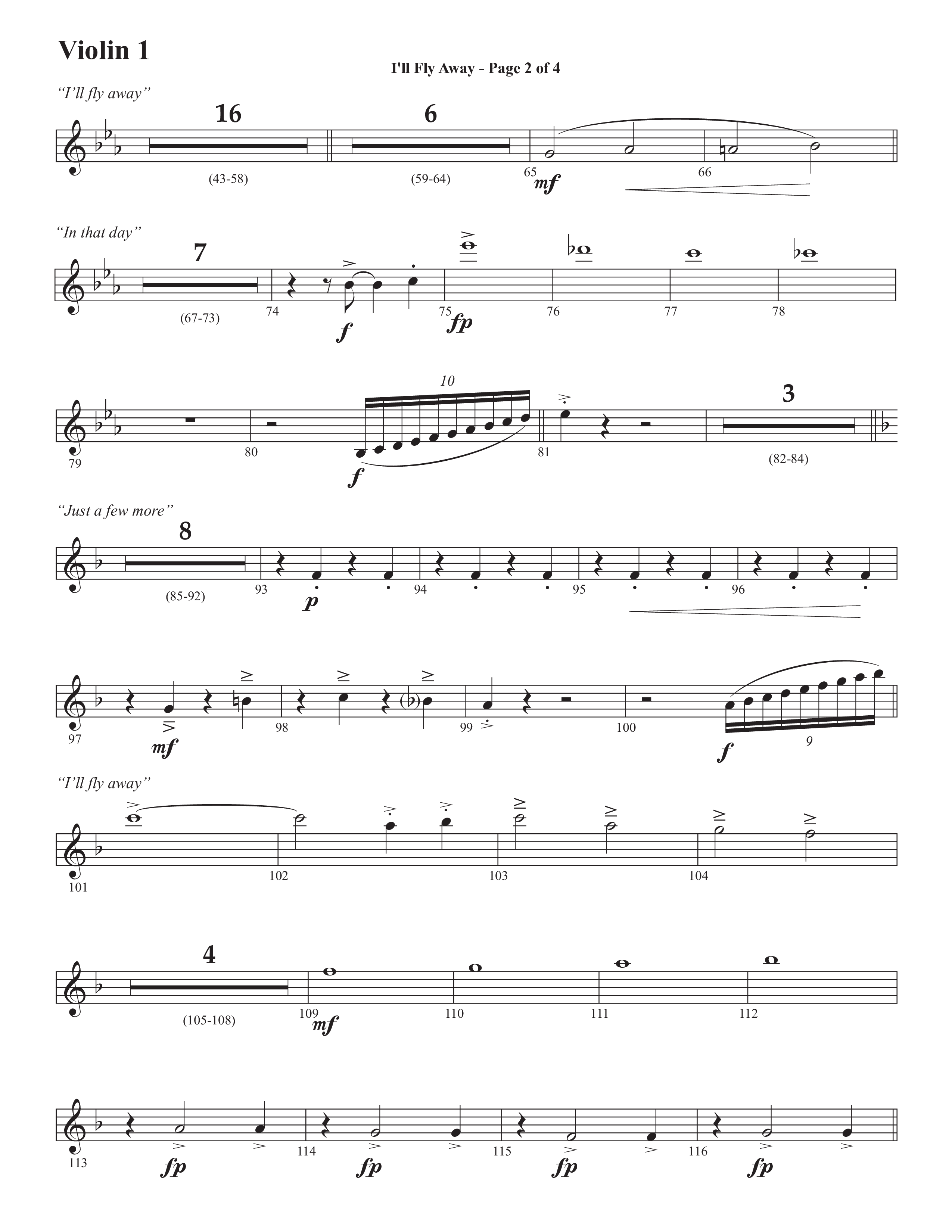 I'll Fly Away (Choral Anthem SATB) Violin 1 (Semsen Music / Arr. Michael Lee)
