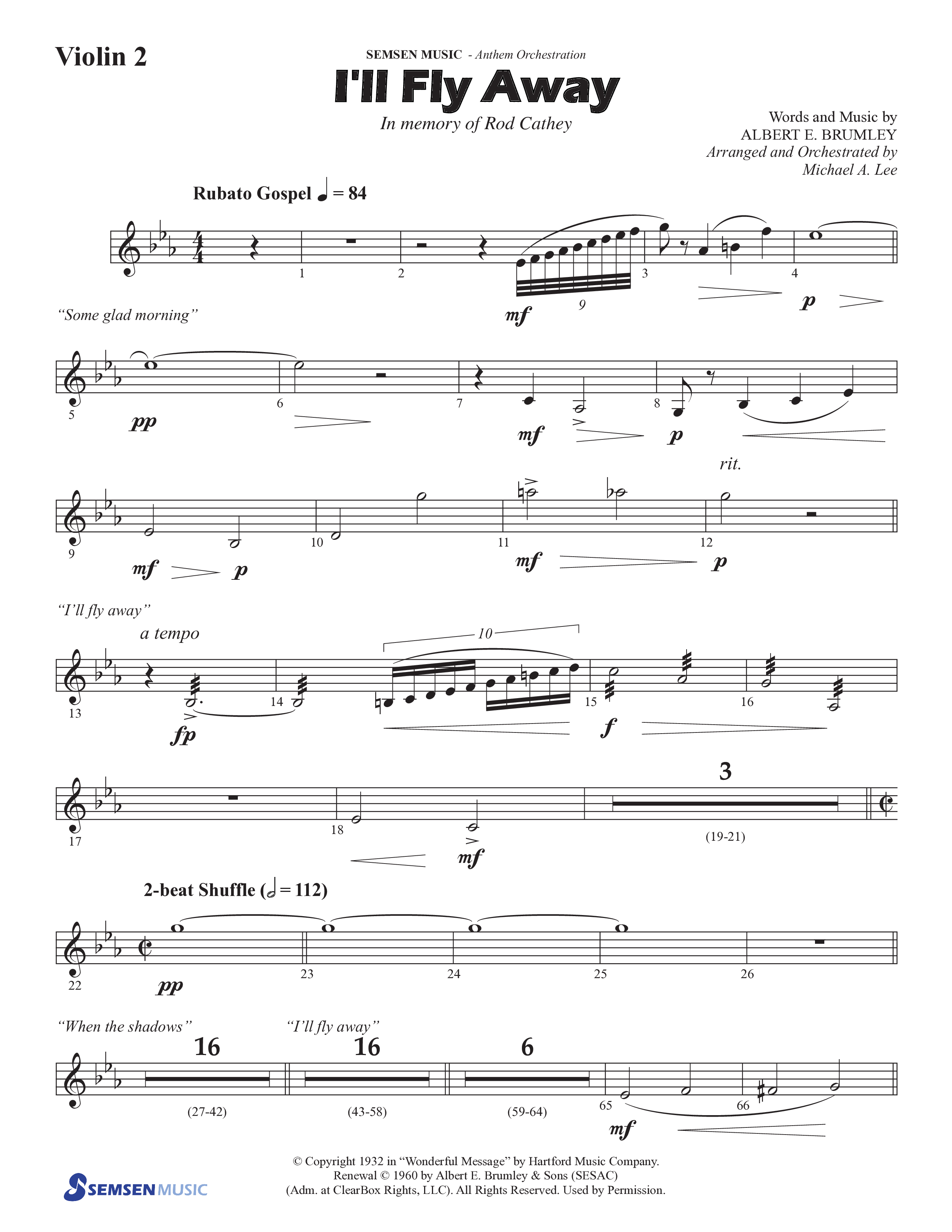 I'll Fly Away (Choral Anthem SATB) Violin 2 (Semsen Music / Arr. Michael Lee)