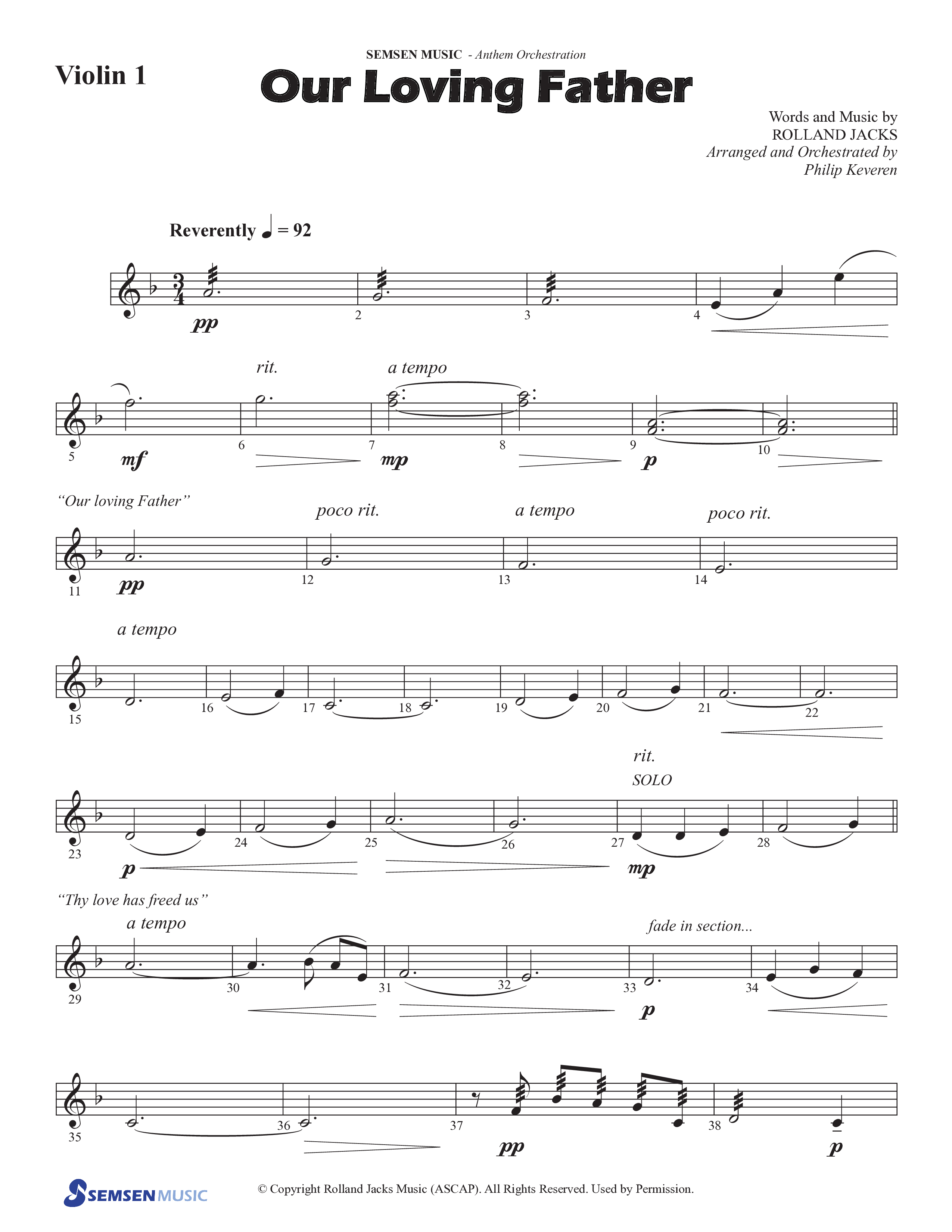 Our Loving Father (Choral Anthem SATB) Violin 1 (Semsen Music / Arr. Phillip Keveren)