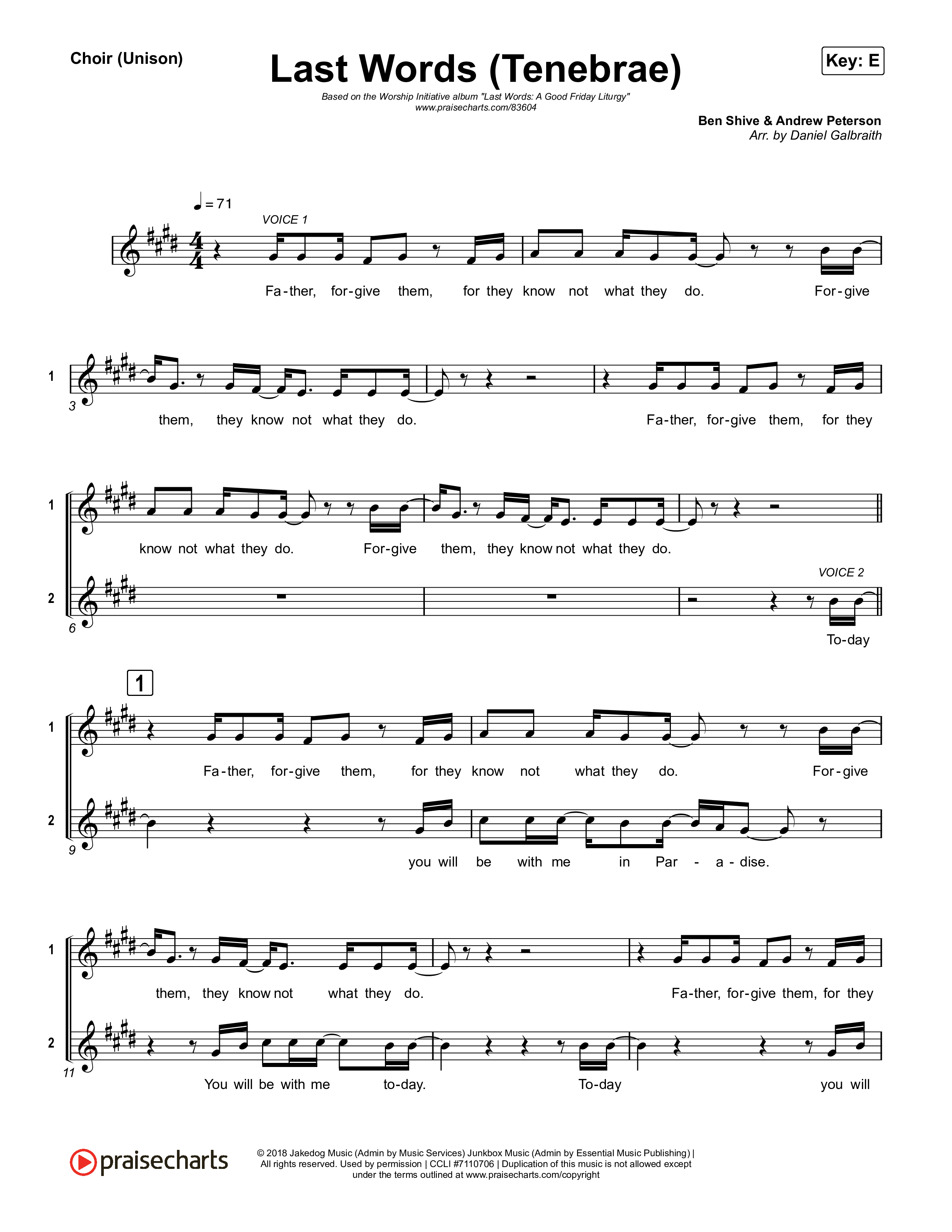 Last Words (Tenebrae) Choir Sheet (Unison) (The Worship Initiative)