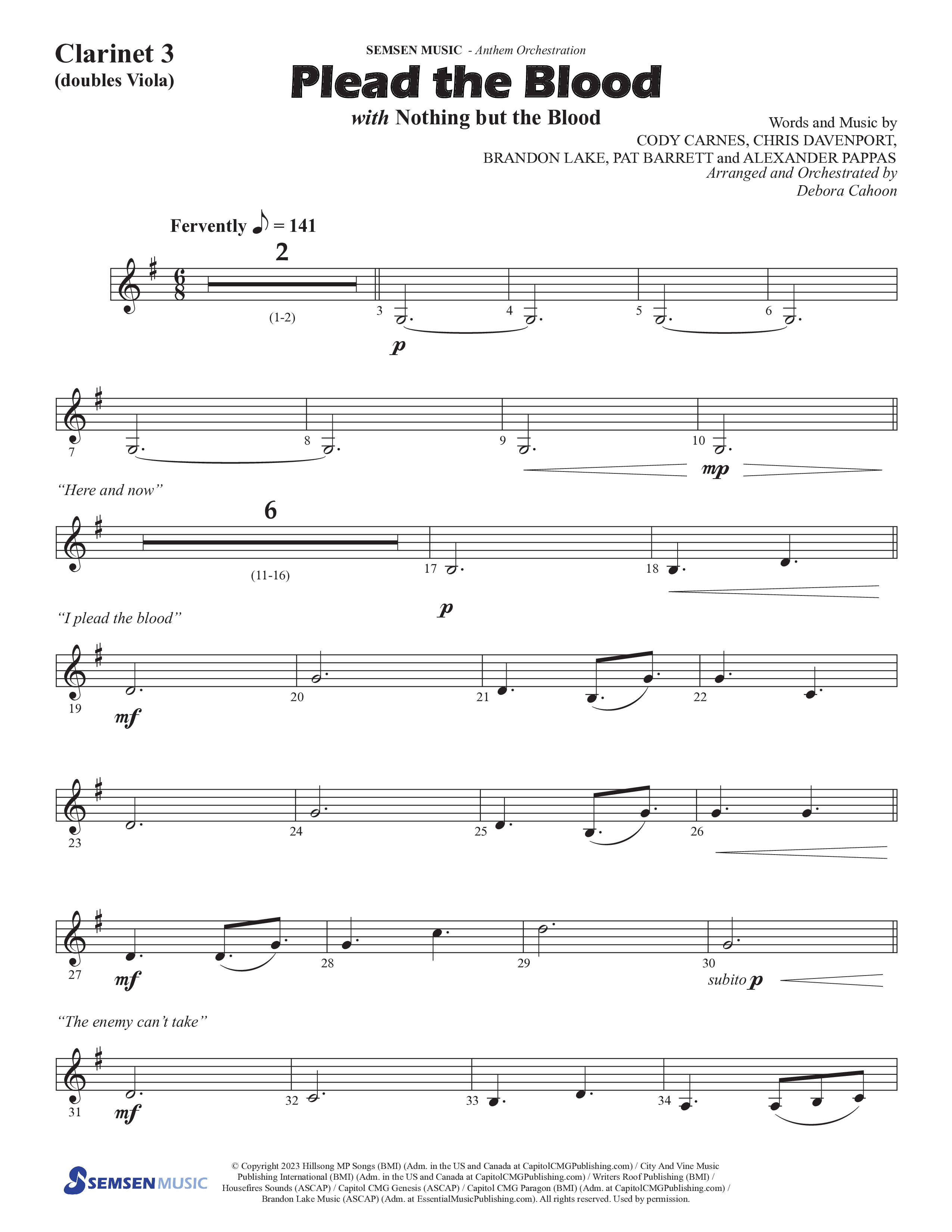 Plead The Blood (with Nothing But The Blood) (Choral Anthem SATB) Clarinet 3 (Semsen Music / Arr. Debora Cahoon)