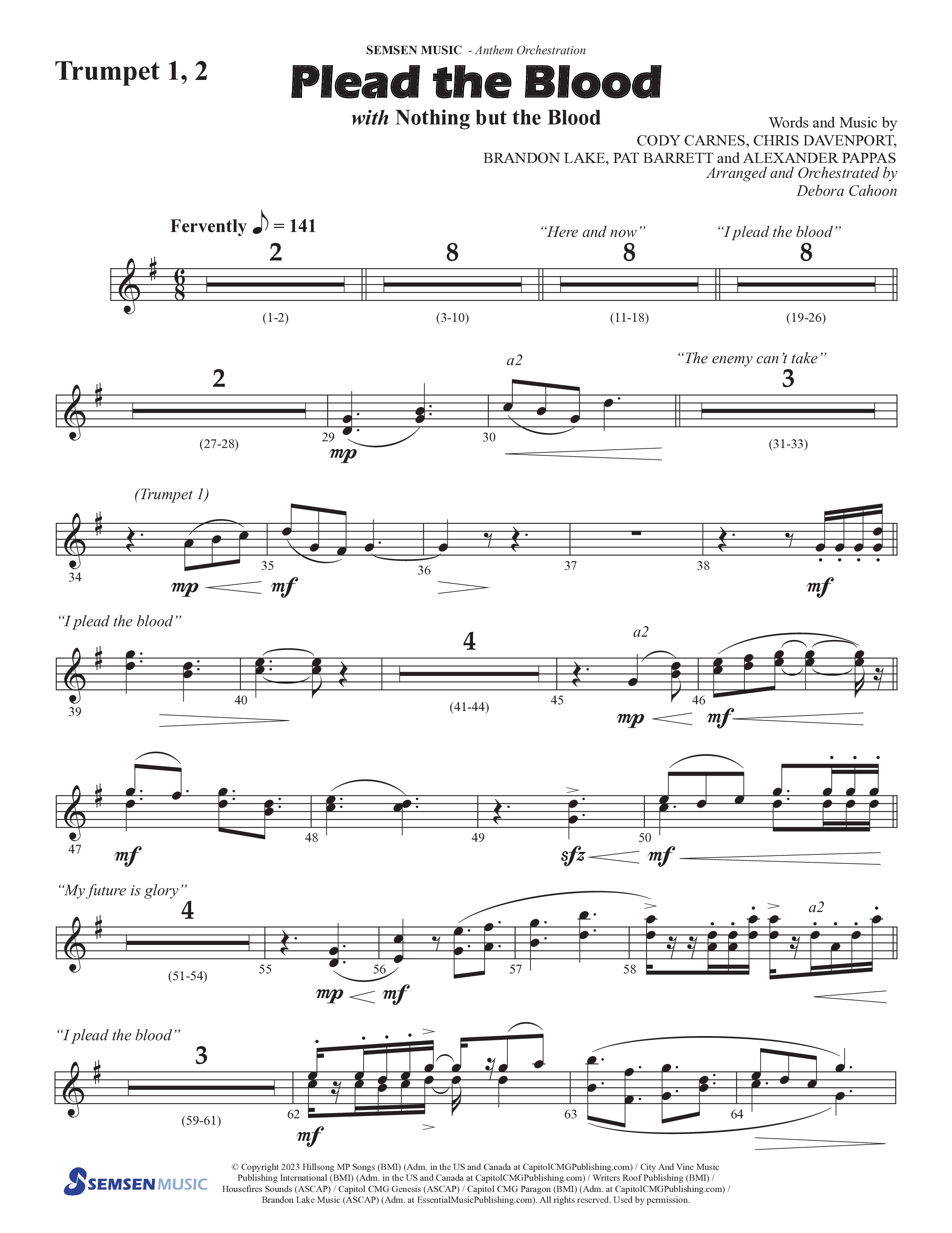 Plead The Blood (with Nothing But The Blood) (Choral Anthem SATB) Trumpet 1,2 (Semsen Music / Arr. Debora Cahoon)